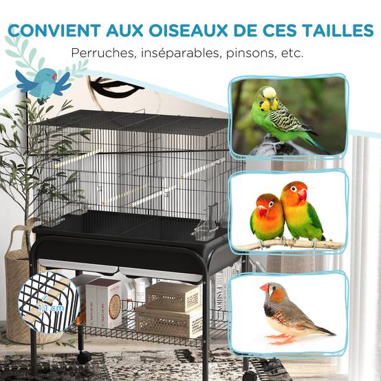 Grand cage oiseaux cage perroquet avec support roulettes pour cacatoès perruche canaris perroquet 85 x 49 x 119 cm noir - Image 8