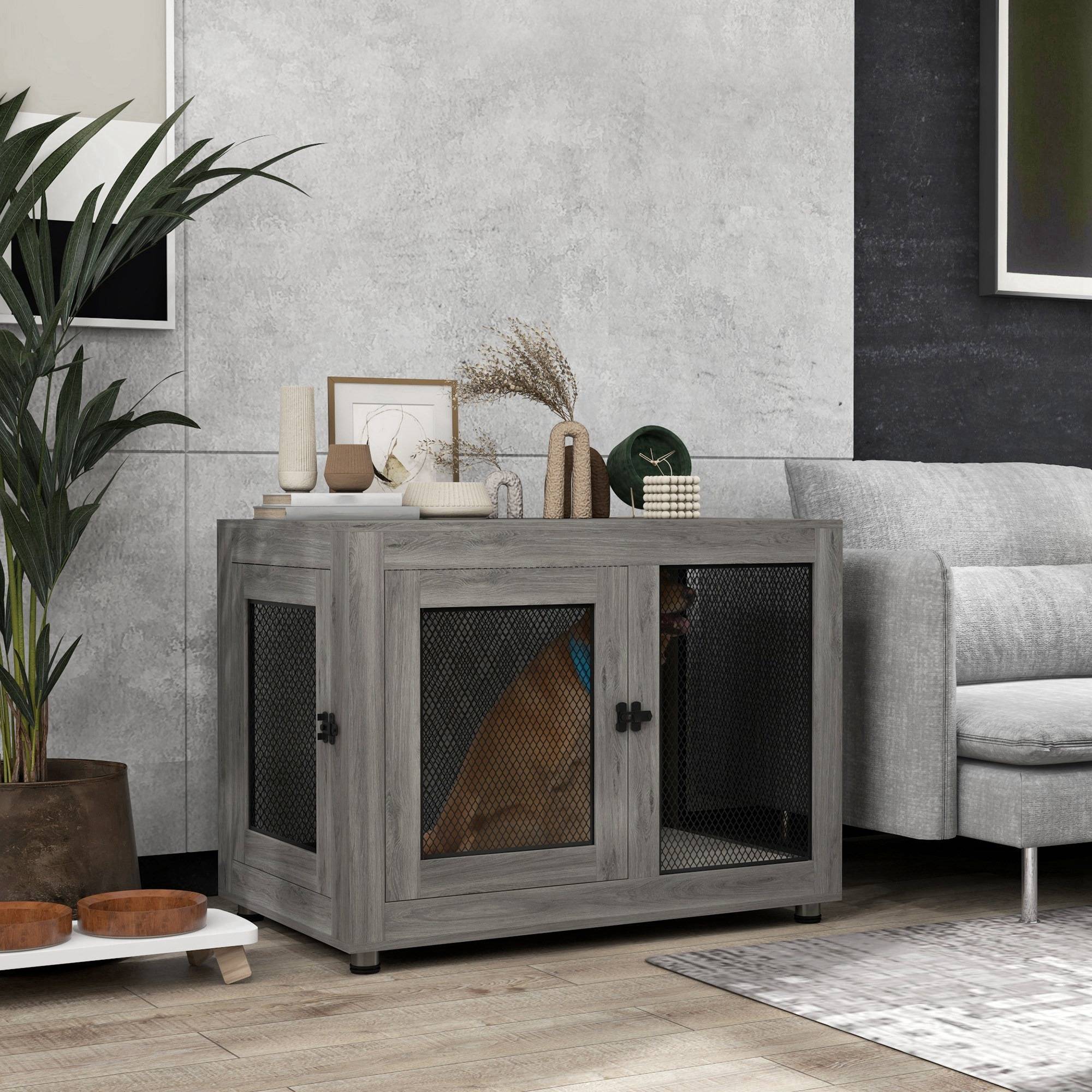 Caisse pour chiot avec étagère, coussin hydrofuge, grille acier, pieds réglables,94x60x71,5cm - Image 4