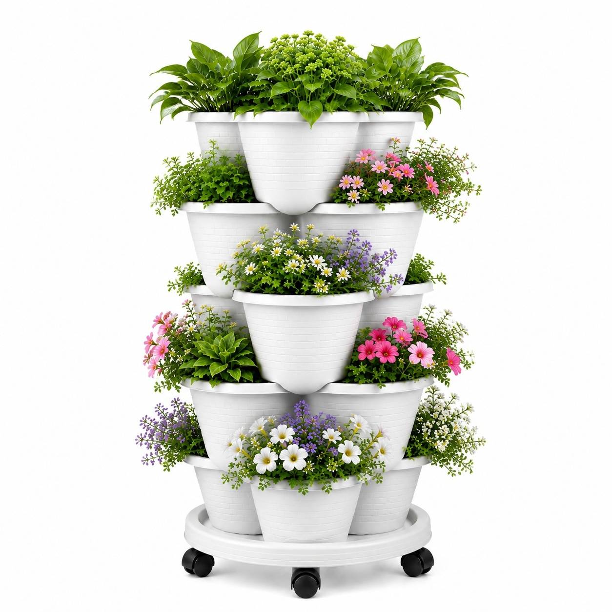 Jardinière Sur Pied 5 Niveaux Empilable Roulettes Bloquables Blanche