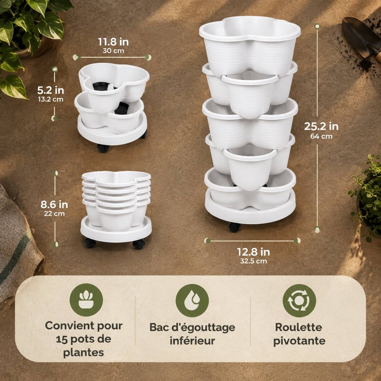 Jardinière Sur Pied 5 Niveaux Empilable Roulettes Bloquables Blanche - Image 4