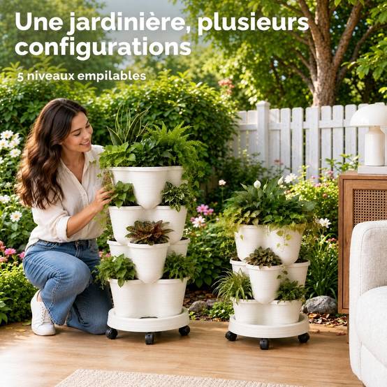 Jardinière Sur Pied 5 Niveaux Empilable Roulettes Bloquables Blanche - Image 5