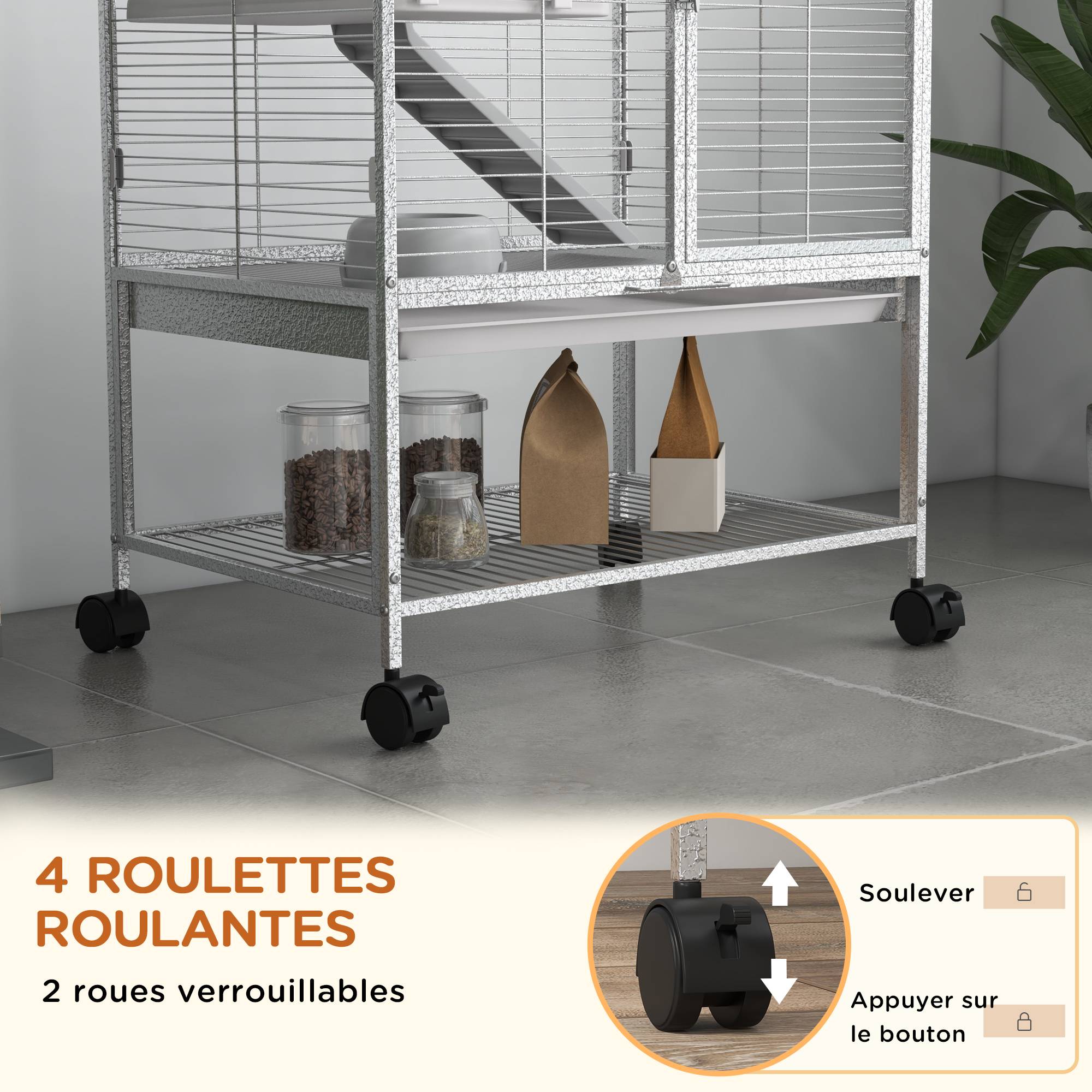 Pawhut - Cage pour rongeurs furet chinchilla plateforme rampe 2 portes biberon gamelle plateau étagère acier gris clair - Imagen 6