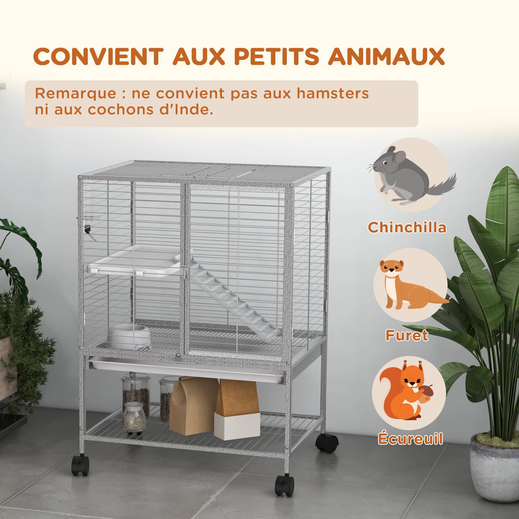Pawhut - Cage pour rongeurs furet chinchilla plateforme rampe 2 portes biberon gamelle plateau étagère acier gris clair - Imagen 4