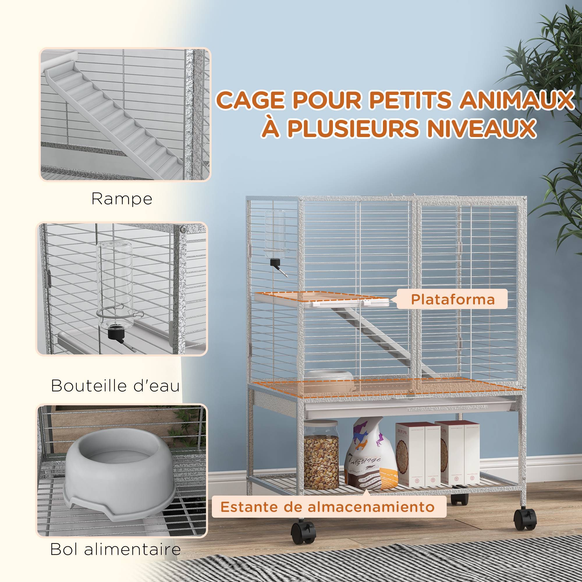 Pawhut - Cage pour rongeurs furet chinchilla plateforme rampe 2 portes biberon gamelle plateau étagère acier gris clair - Imagen 5