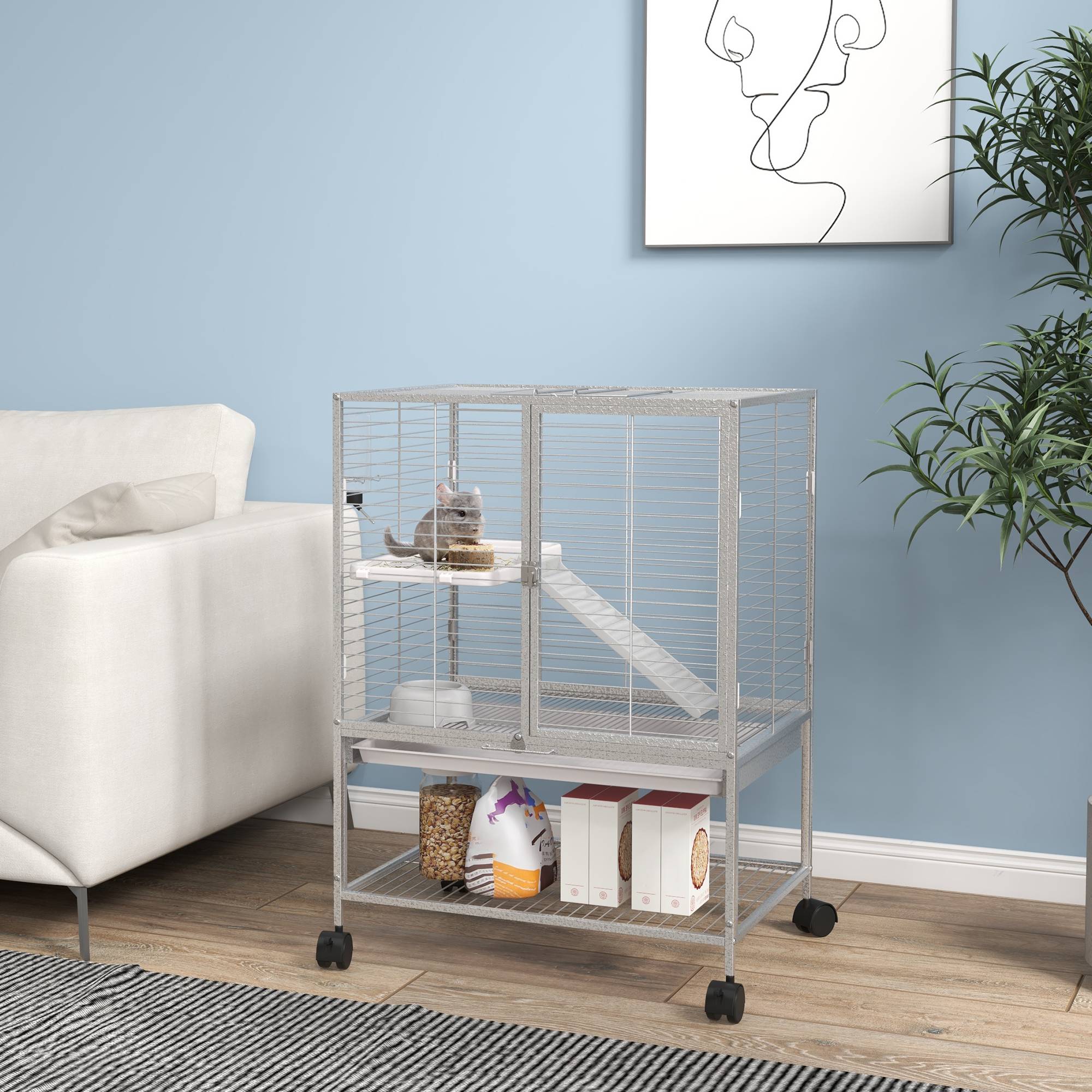 Pawhut - Cage pour rongeurs furet chinchilla plateforme rampe 2 portes biberon gamelle plateau étagère acier gris clair - Imagen 2