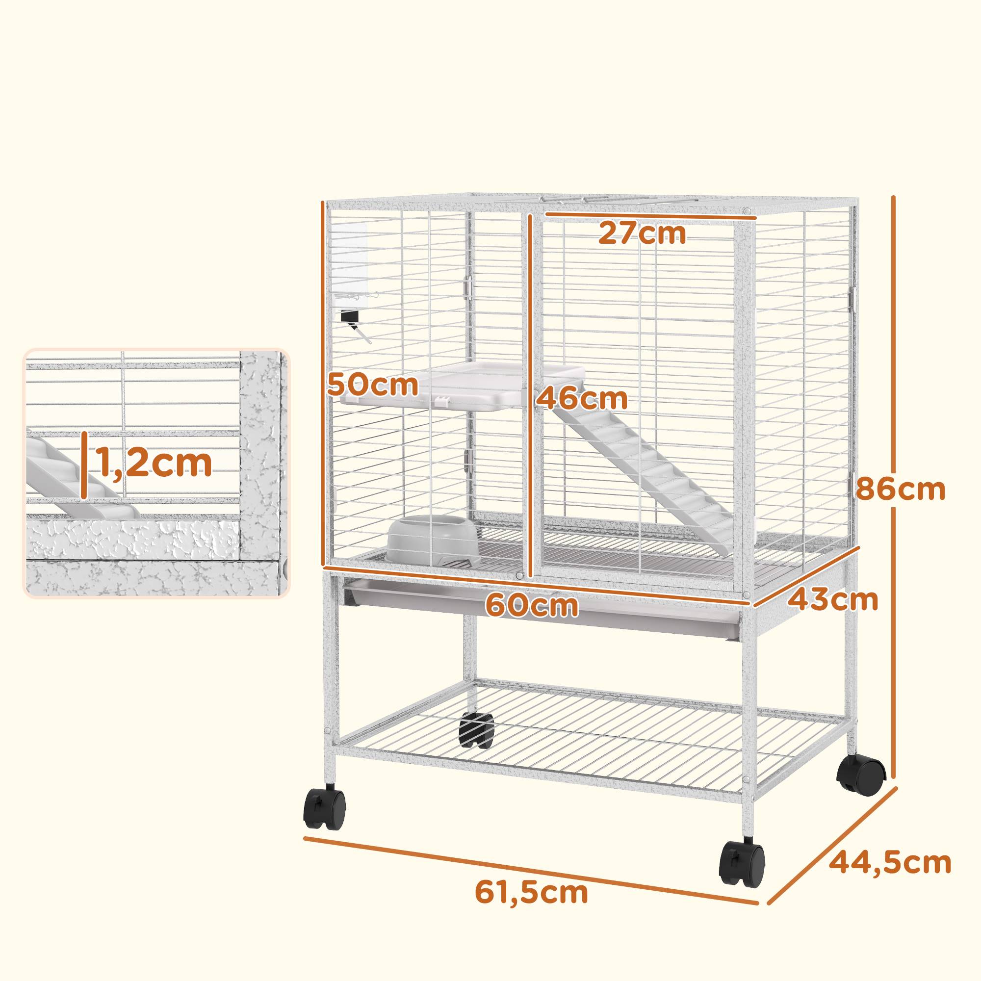 Pawhut - Cage pour rongeurs furet chinchilla plateforme rampe 2 portes biberon gamelle plateau étagère acier gris clair - Imagen 3