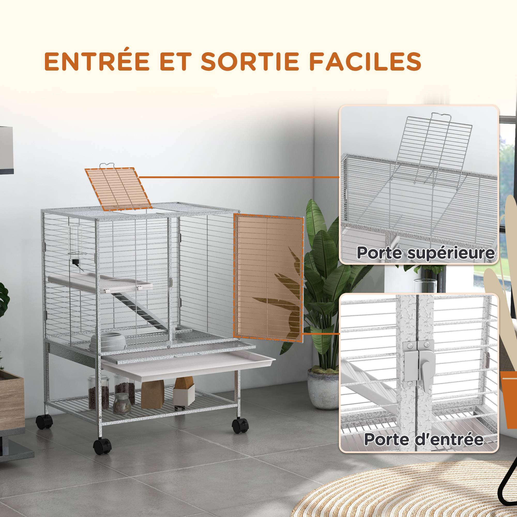 Pawhut - Cage pour rongeurs furet chinchilla plateforme rampe 2 portes biberon gamelle plateau étagère acier gris clair - Imagen 7