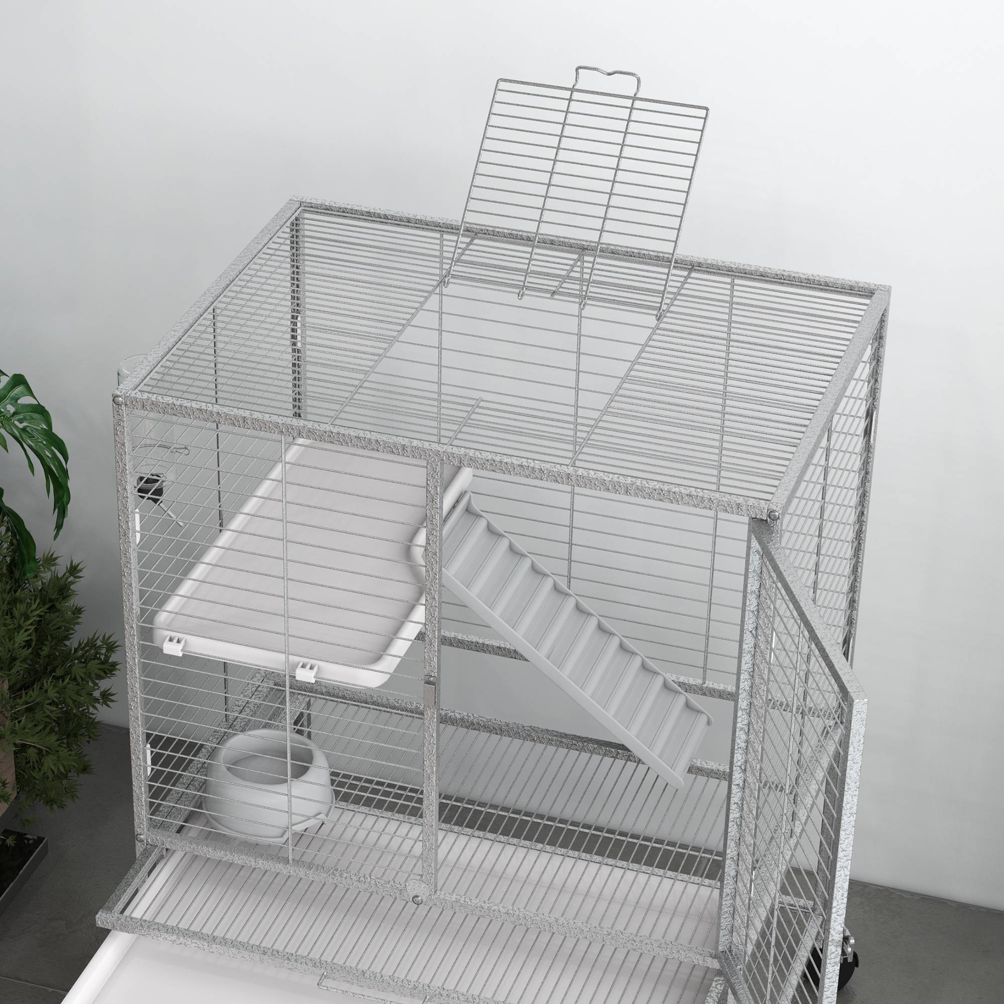 Pawhut - Cage pour rongeurs furet chinchilla plateforme rampe 2 portes biberon gamelle plateau étagère acier gris clair - Imagen 9
