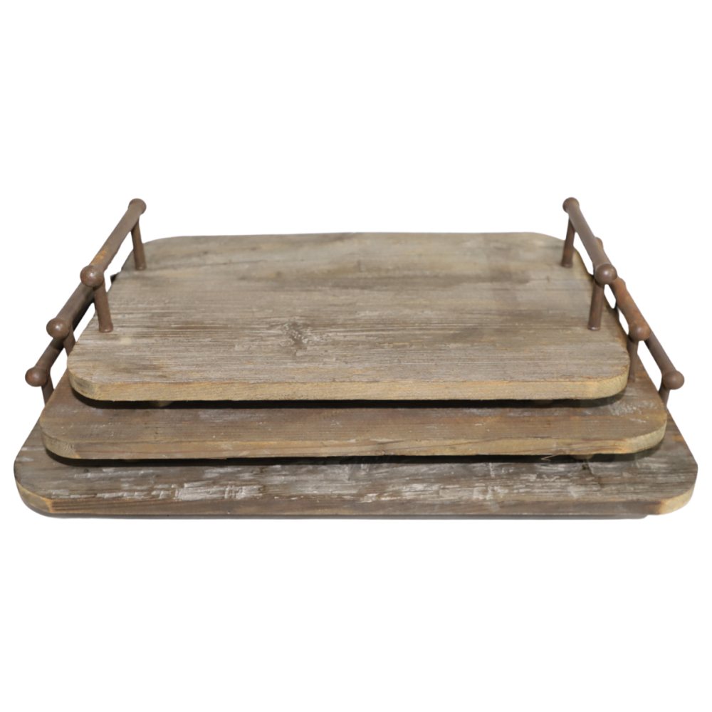 Set de 3 plateaux en bois et métal marron L.57-50-45 cm Chemin de campagne - Imagen 1