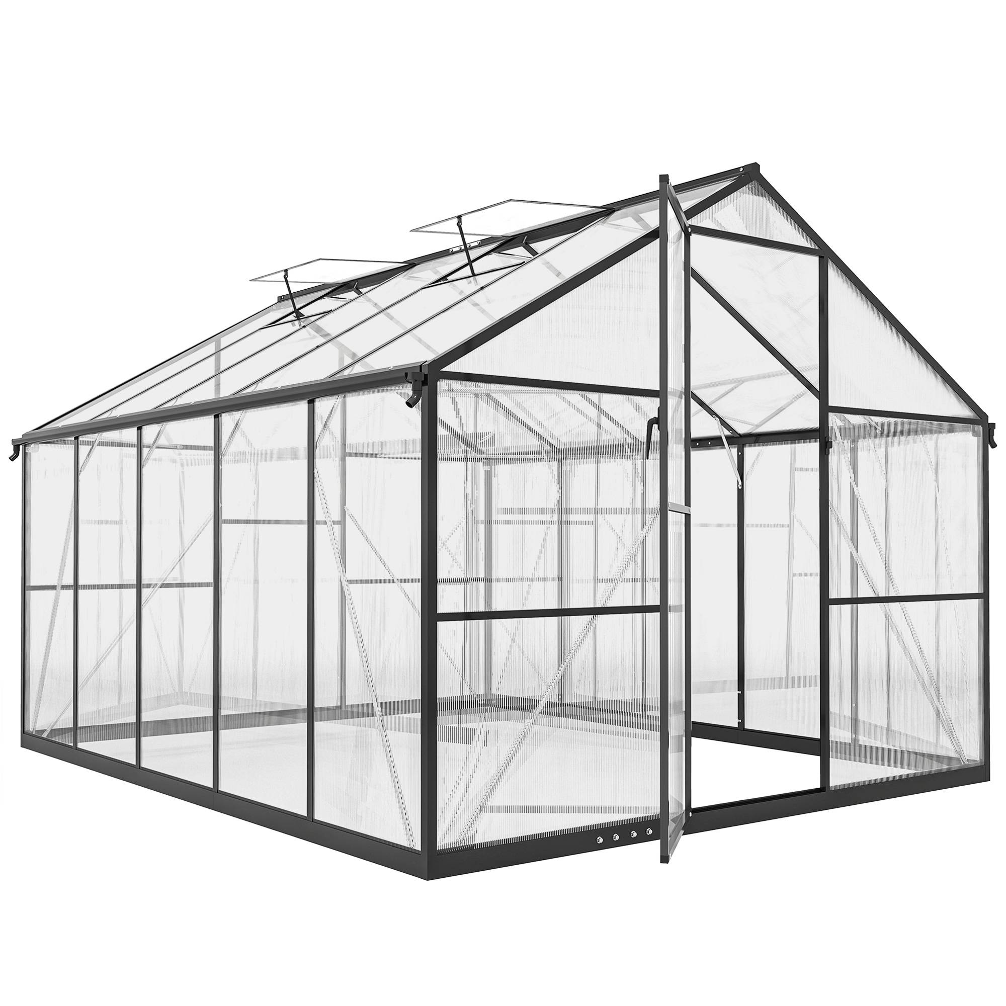 Sans Marque - Serre potagère en polycarbonate et aluminium avec porte à charnières et 2 fenêtres réglables, 304 x 247 x 205 cm, noire