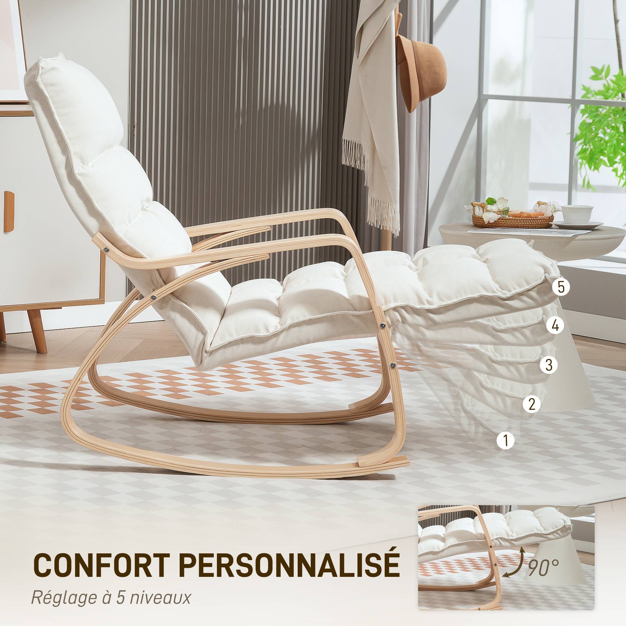 Sans Marque - Fauteuil à bascule avec repose-pieds ajustable, rocking chair avec pieds en bois de bouleau, 67 x 106-123 x 92 cm, crème - Image 7