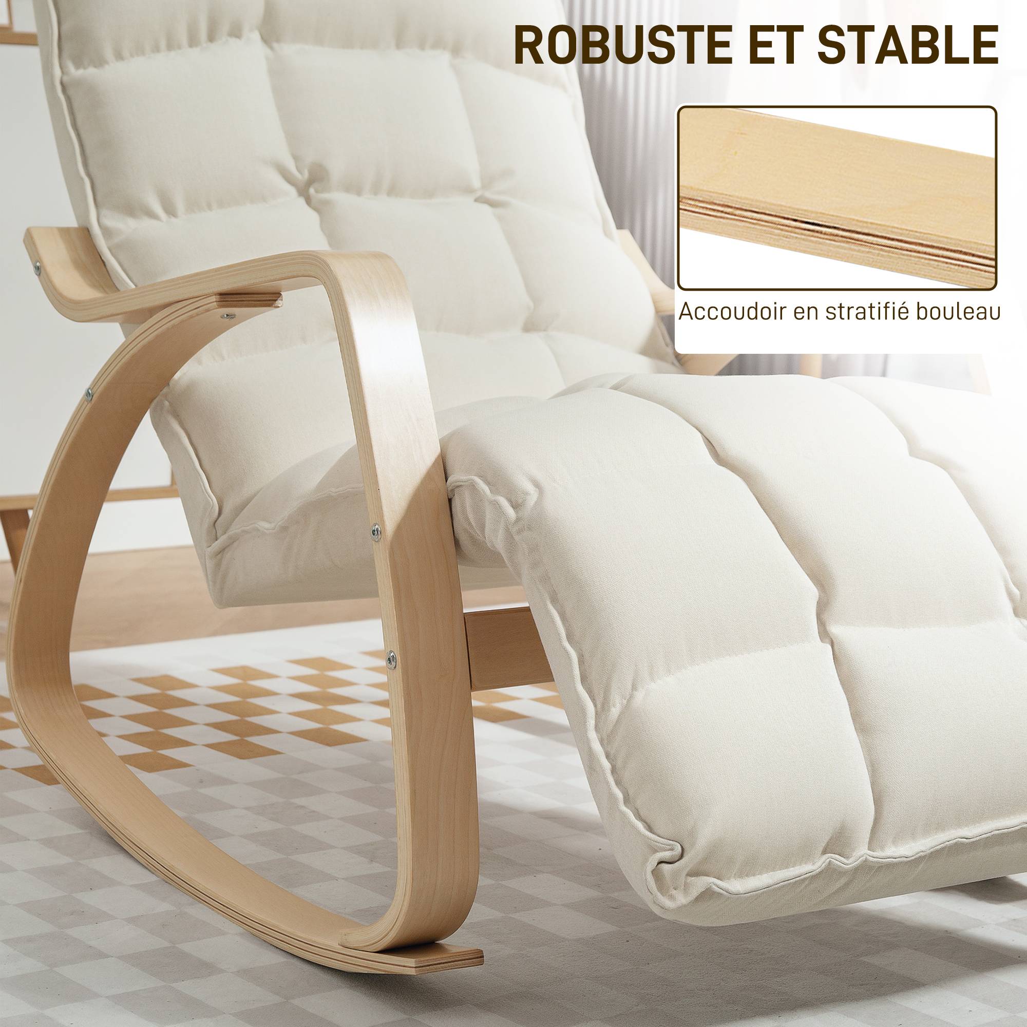 Sans Marque - Fauteuil à bascule avec repose-pieds ajustable, rocking chair avec pieds en bois de bouleau, 67 x 106-123 x 92 cm, crème - Image 9