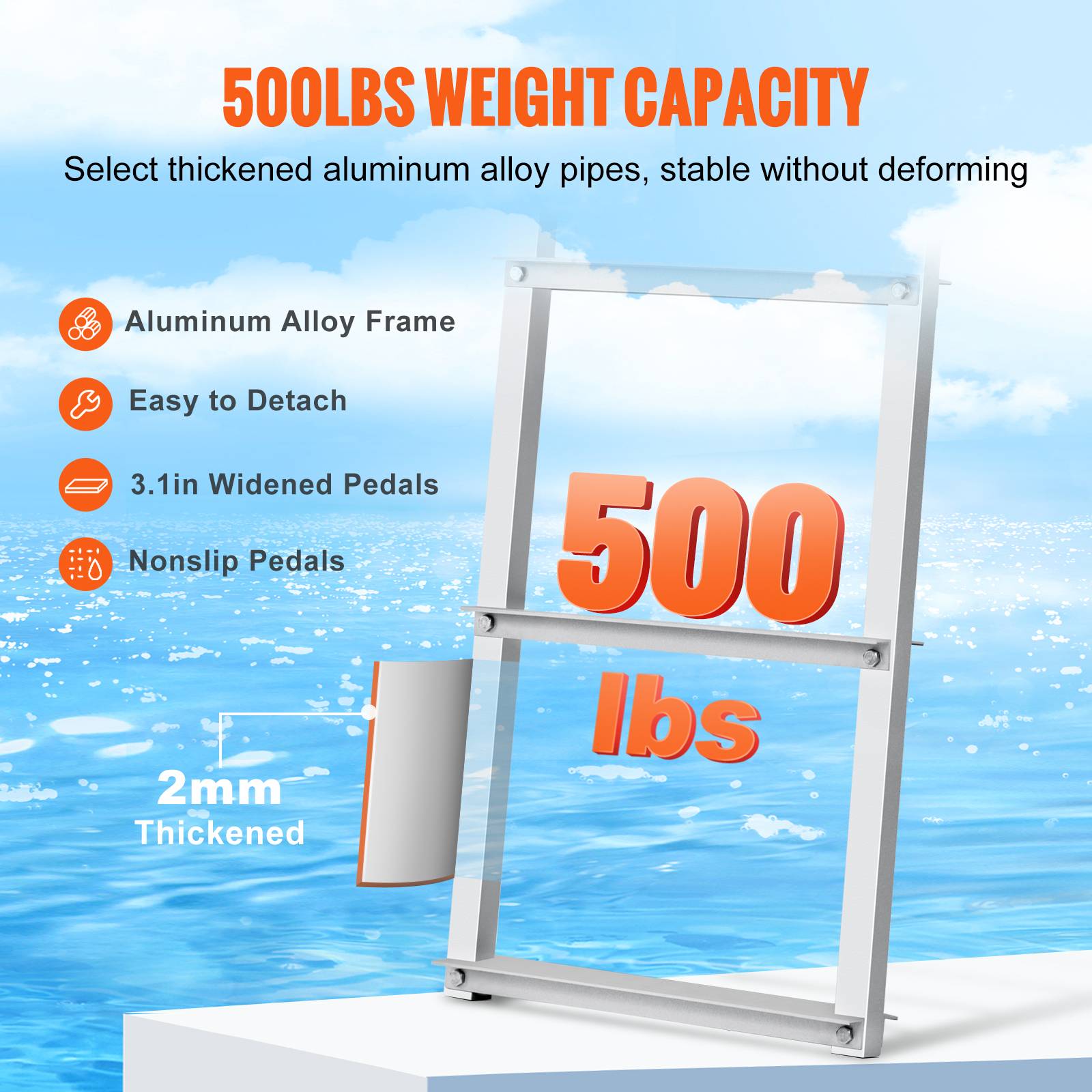 Vevor - VEVOR Échelle de quai 3 marches amovible alu, charge 226kg (500 lb), grandes pédales 78mm, pour bateaux/piscines. - Image 3