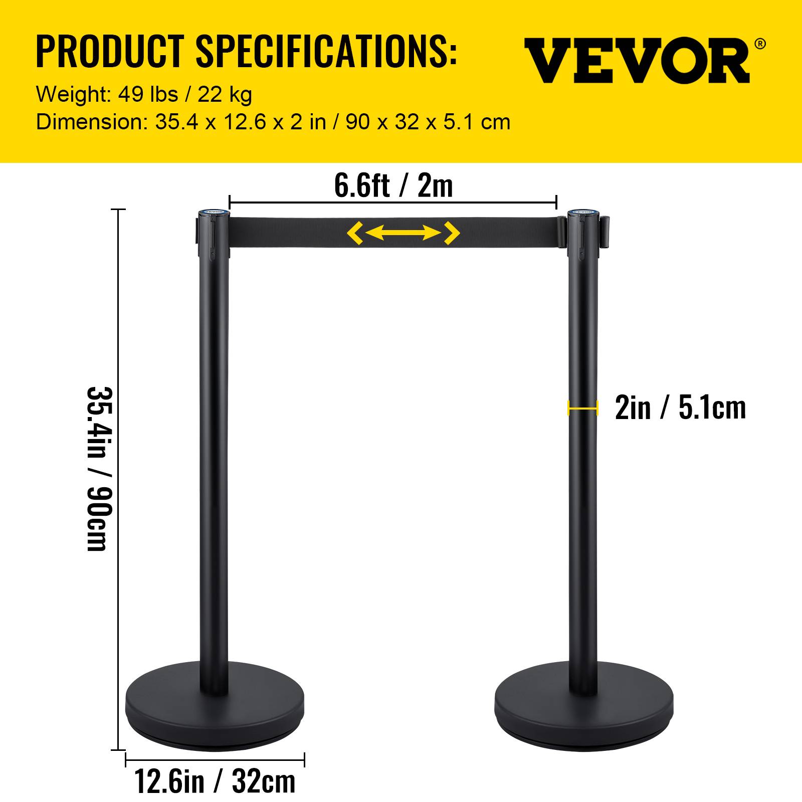 VEVOR Poteaux guidage (4pcs) avec 2m ceinture noire rétractable, acier inox, pour file d'attente, contrôle foule. - Image 7