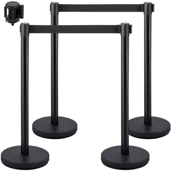 VEVOR Poteaux guidage (4pcs) avec 2m ceinture noire rétractable, acier inox, pour file d'attente, contrôle foule. - Image 1