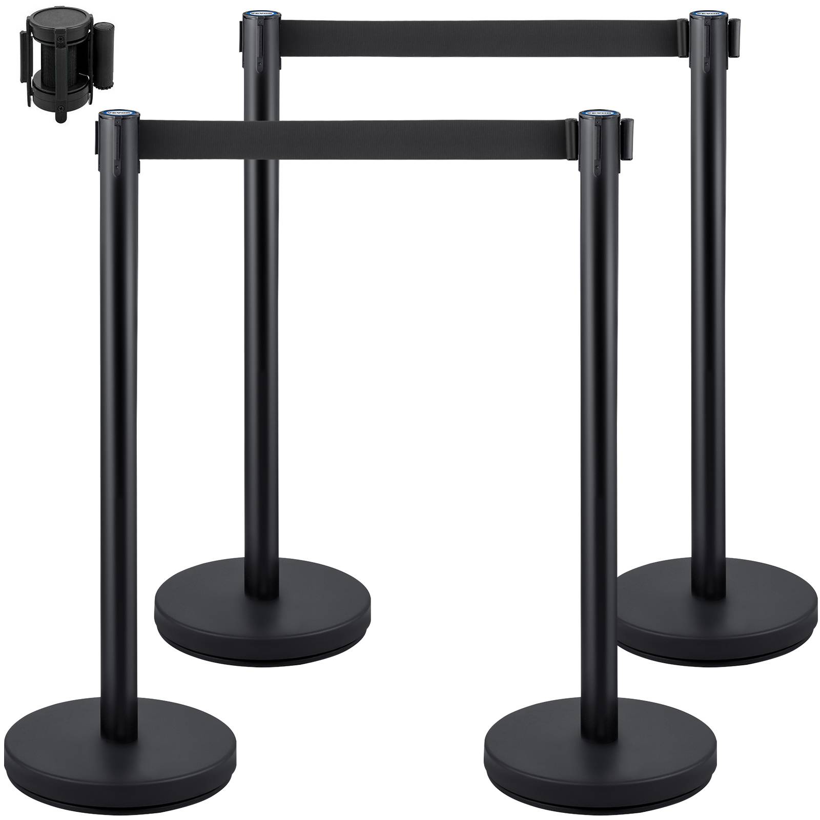 VEVOR Poteaux guidage (4pcs) avec 2m ceinture noire rétractable, acier inox, pour file d'attente, contrôle foule. - Image 1