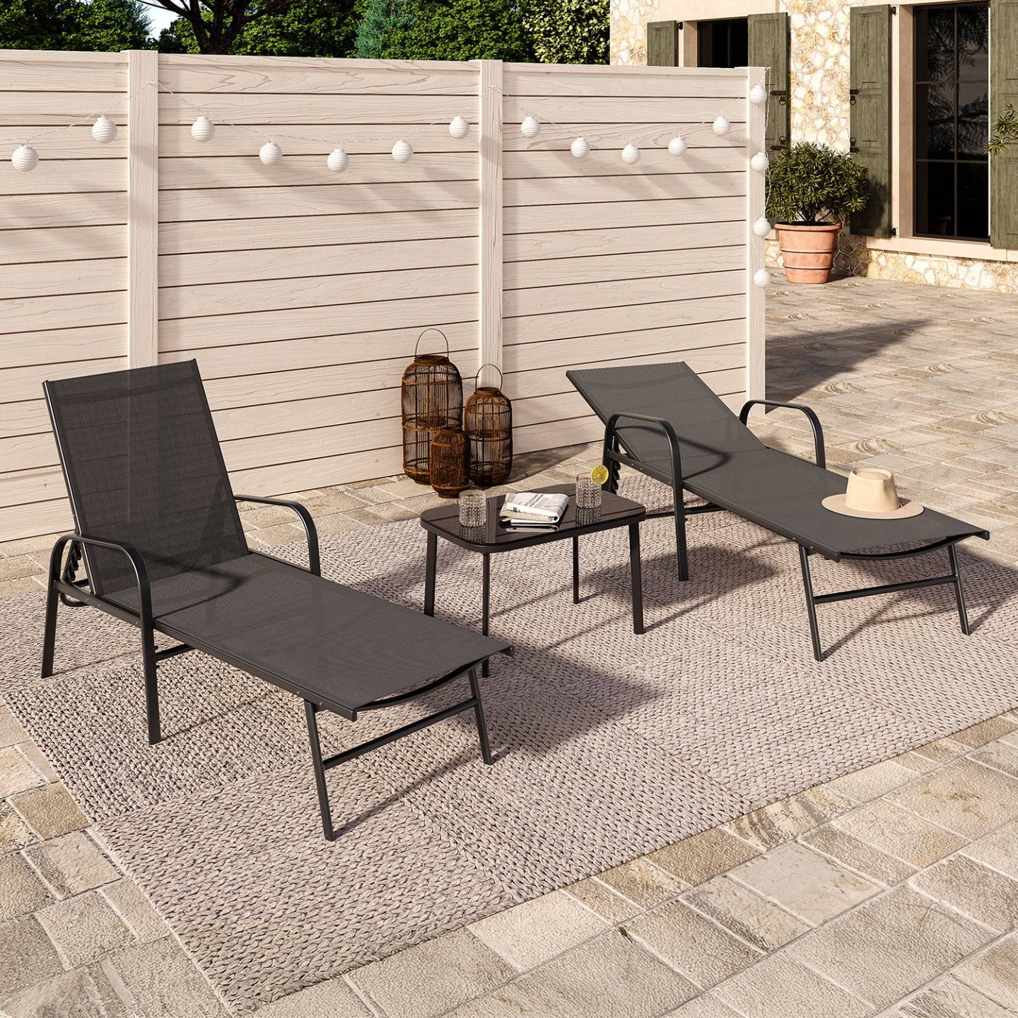 Lot de 2 transats de jardin inclinables FIDJI en acier noir et toile gris anthracite - Image 1