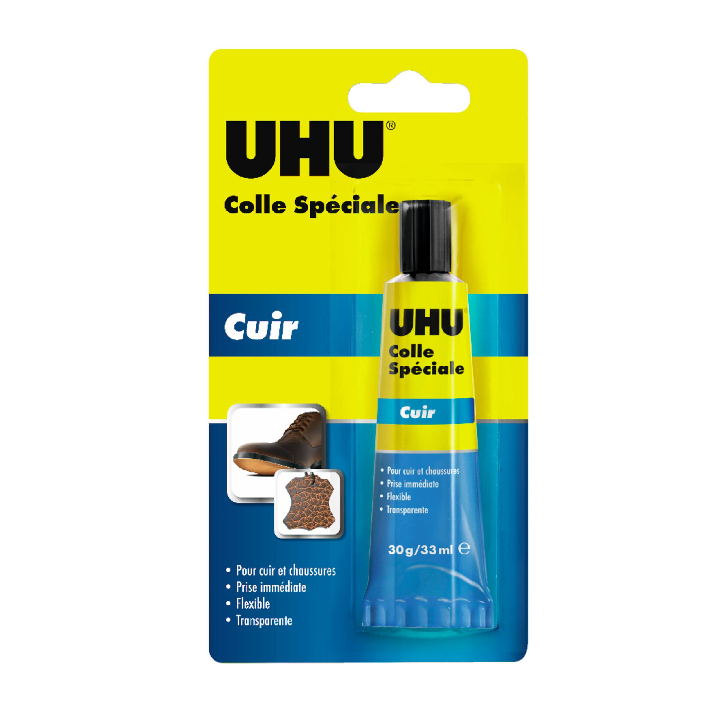 UHU Colle spéciale cuir et chaussure - Colle idéale pour réparer les semelles usées, les talons et les trous des chaussures, transparente, tube de 30g - Image 1