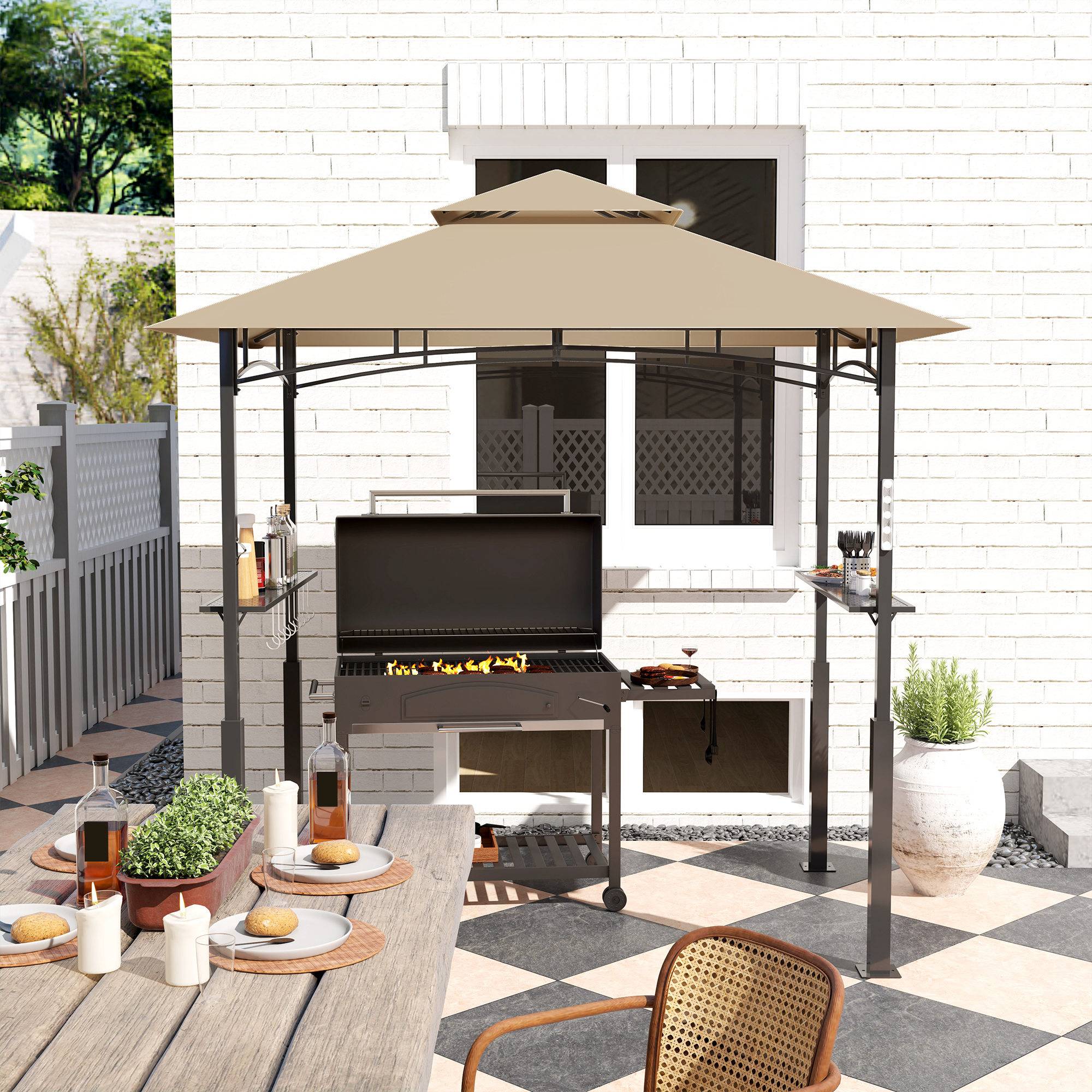 ComfortXL - Tonnelle de barbecue métal pour jardin double toit aéré 243x148cm kaki - ComfortXL Outdoor Living - Image 10