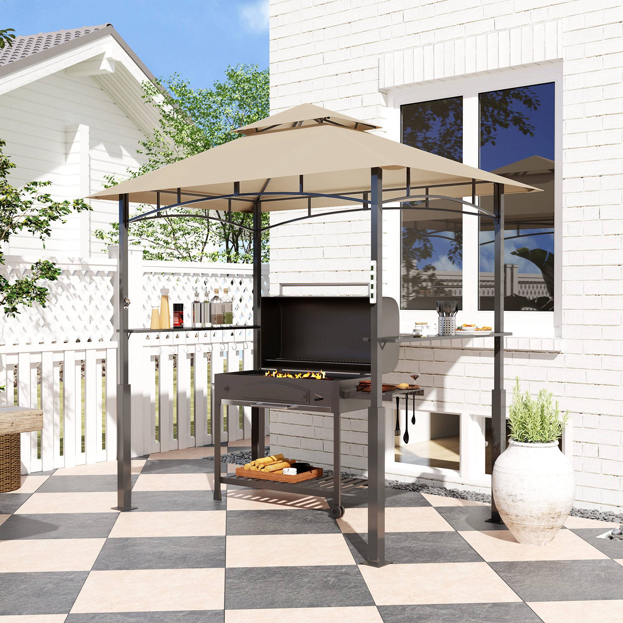 ComfortXL - Tonnelle de barbecue métal pour jardin double toit aéré 243x148cm kaki - ComfortXL Outdoor Living - Image 4