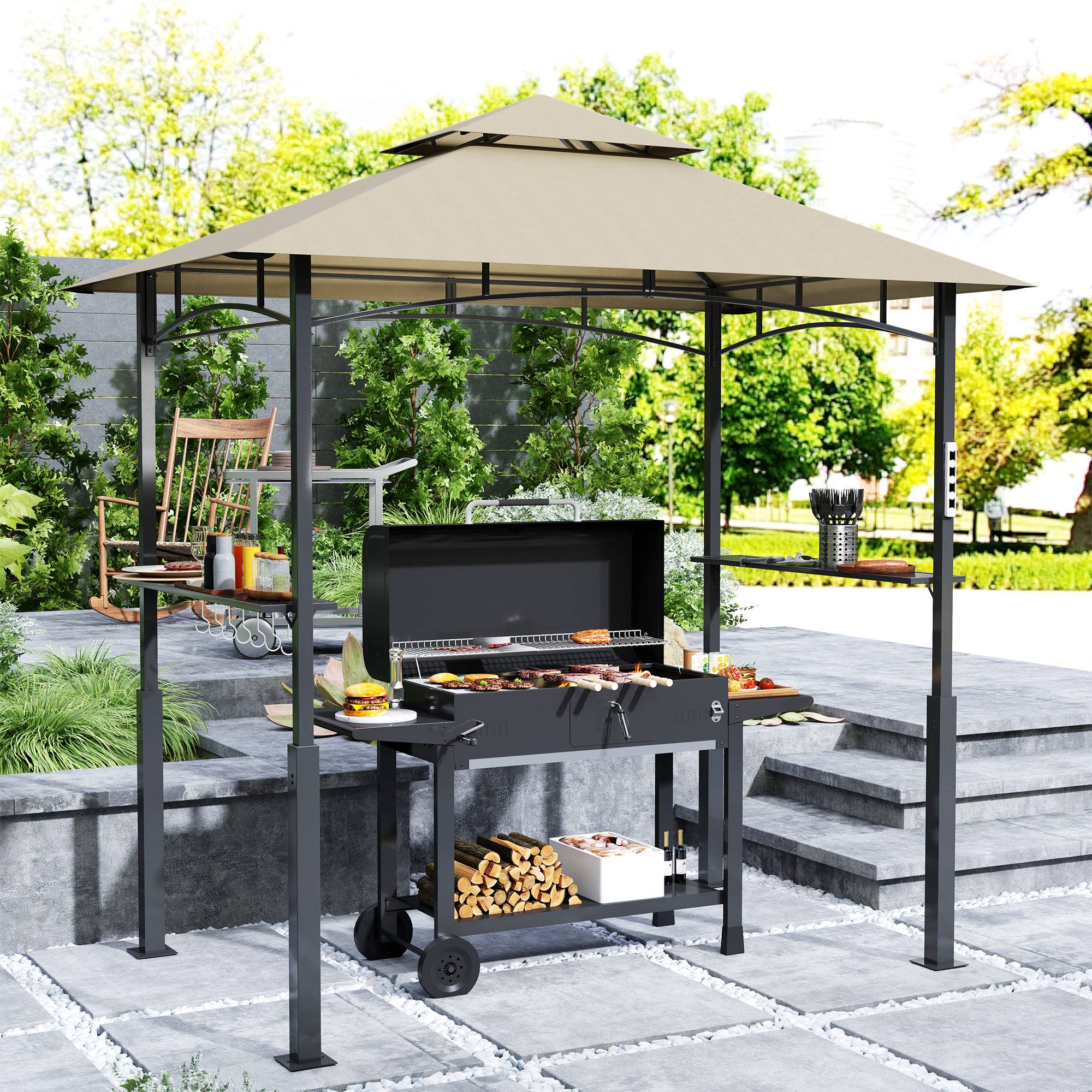 ComfortXL - Tonnelle de barbecue métal pour jardin double toit aéré 243x148cm kaki - ComfortXL Outdoor Living - Image 3