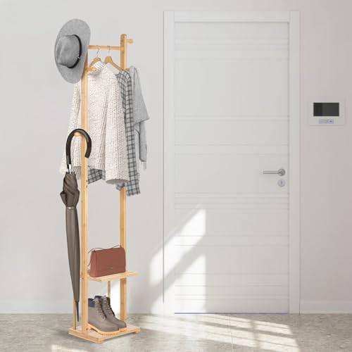 Todeco – Porte manteau sur pieds en bambou – 6 patères – 2 étagères – Pieds antidérapants – Pour entrée, chambre, salle de bain