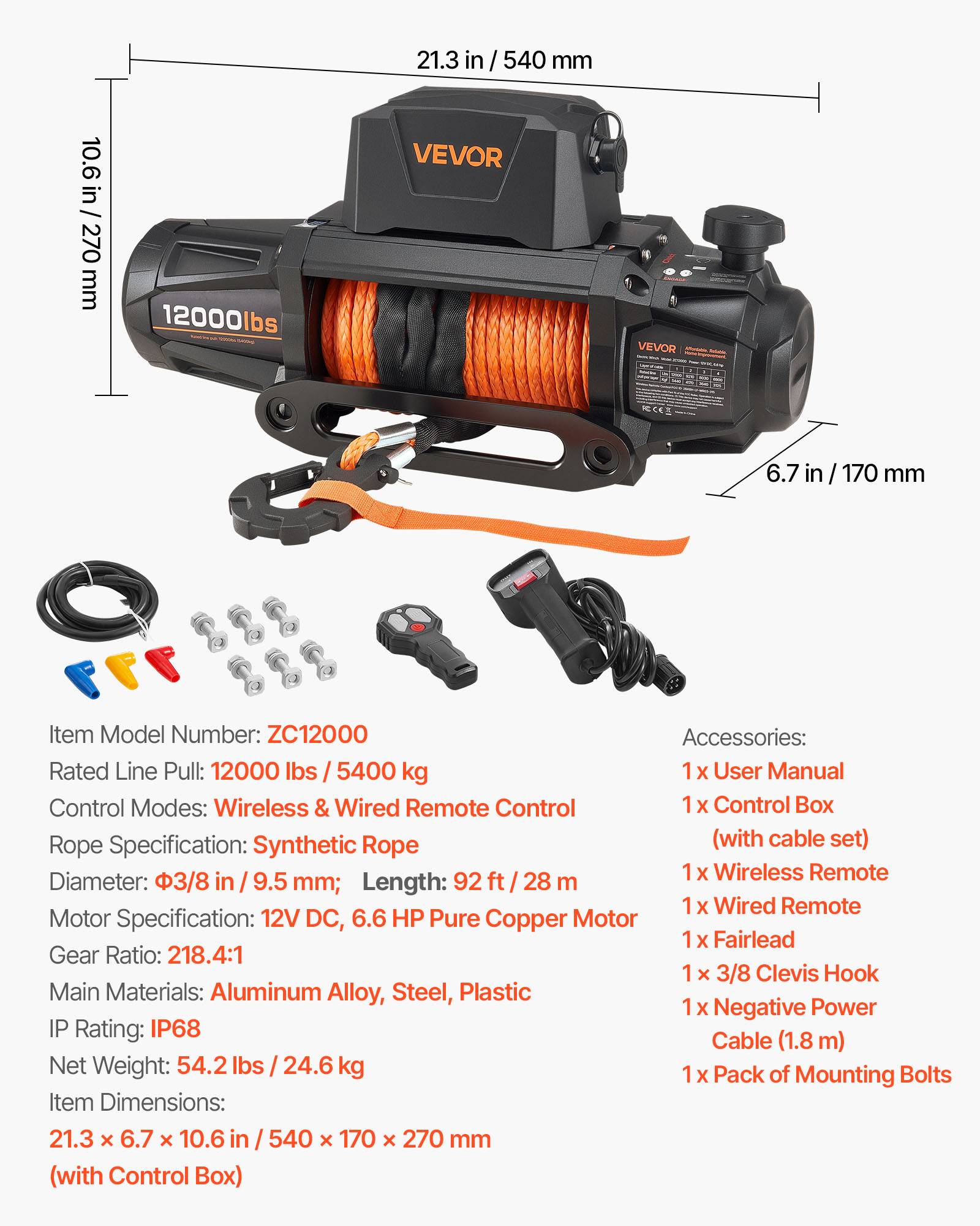 Vevor - VEVOR Treuil électrique 12 V - 5 400 kg, corde synthétique 9,5 mm x 28 m, télécommandes filaire et sans fil, IP67. - Image 6