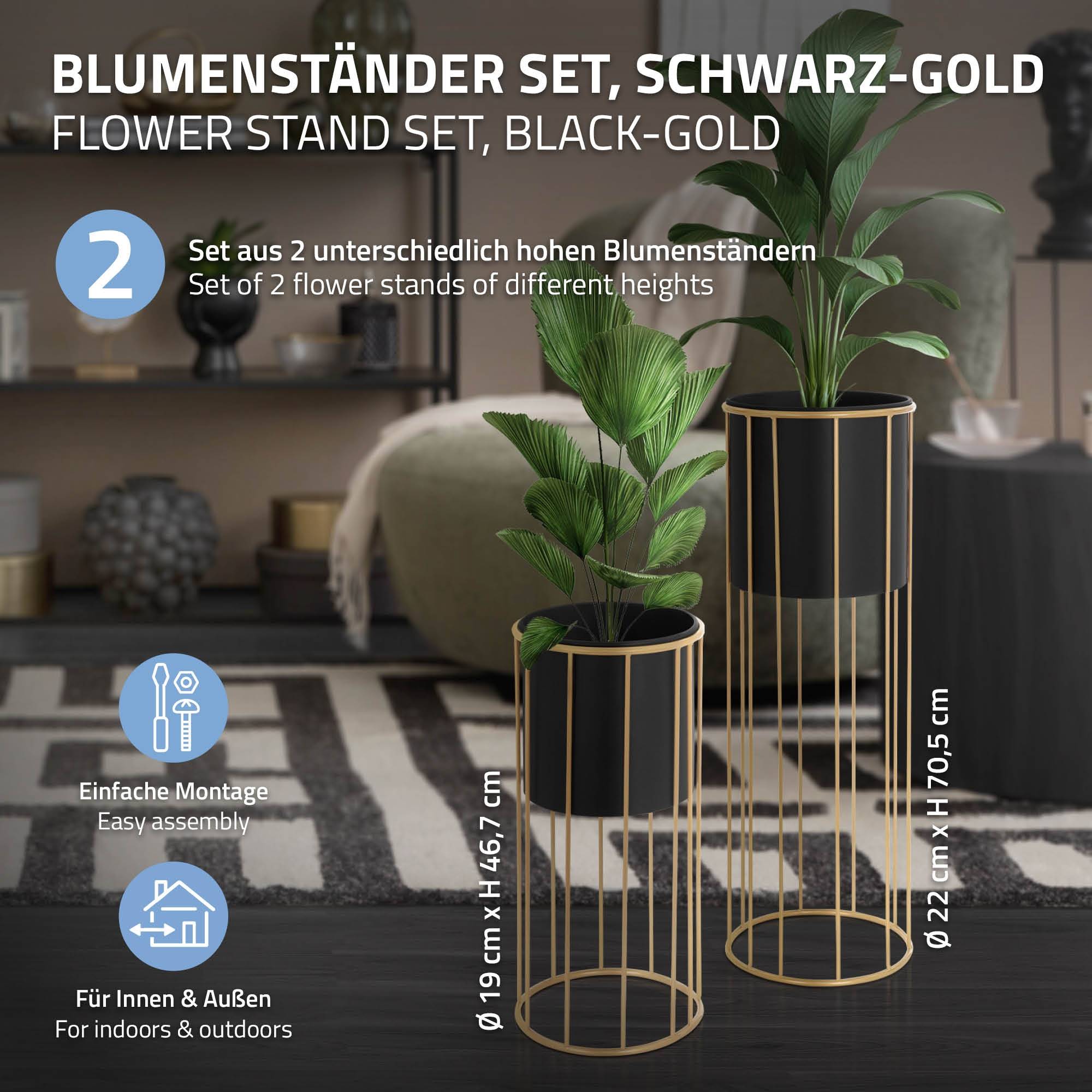 Ml-Design - 2x Support de plantes acier noir/or h: 46,7 et 70,5 cm pot de fleurs décoratif - Imagen 2