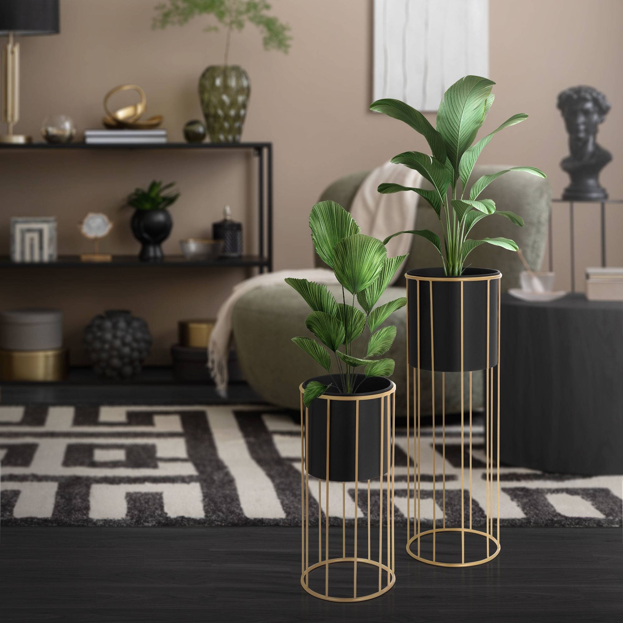 Ml-Design - 2x Support de plantes acier noir/or h: 46,7 et 70,5 cm pot de fleurs décoratif - Imagen 7