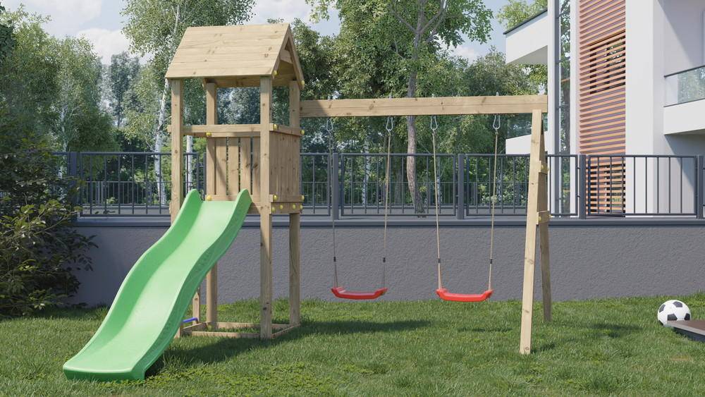 Chalet & Jardin - Aire de jeu extérieur en bois - 1 toboggan + 2 balançoires - 348x284x188cm - Ambroise Chalet & Jardin - Imagen 4