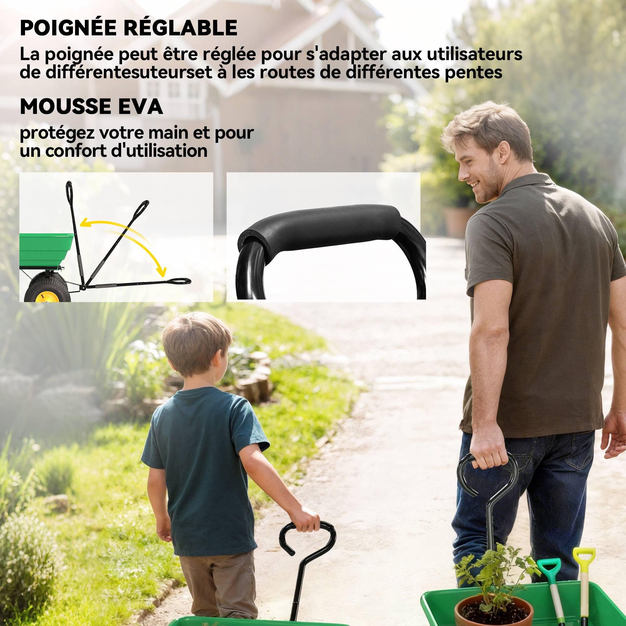 Chariot de jardin acier et PP vert et jaune 109 x 52 x 94 cm - PANGIVO - Image 8