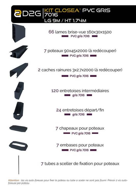 Closea - Kit cloture - Lame 16cm - PVC Gris - LG: 9m x H: 1m74 Closea - Imagen 4