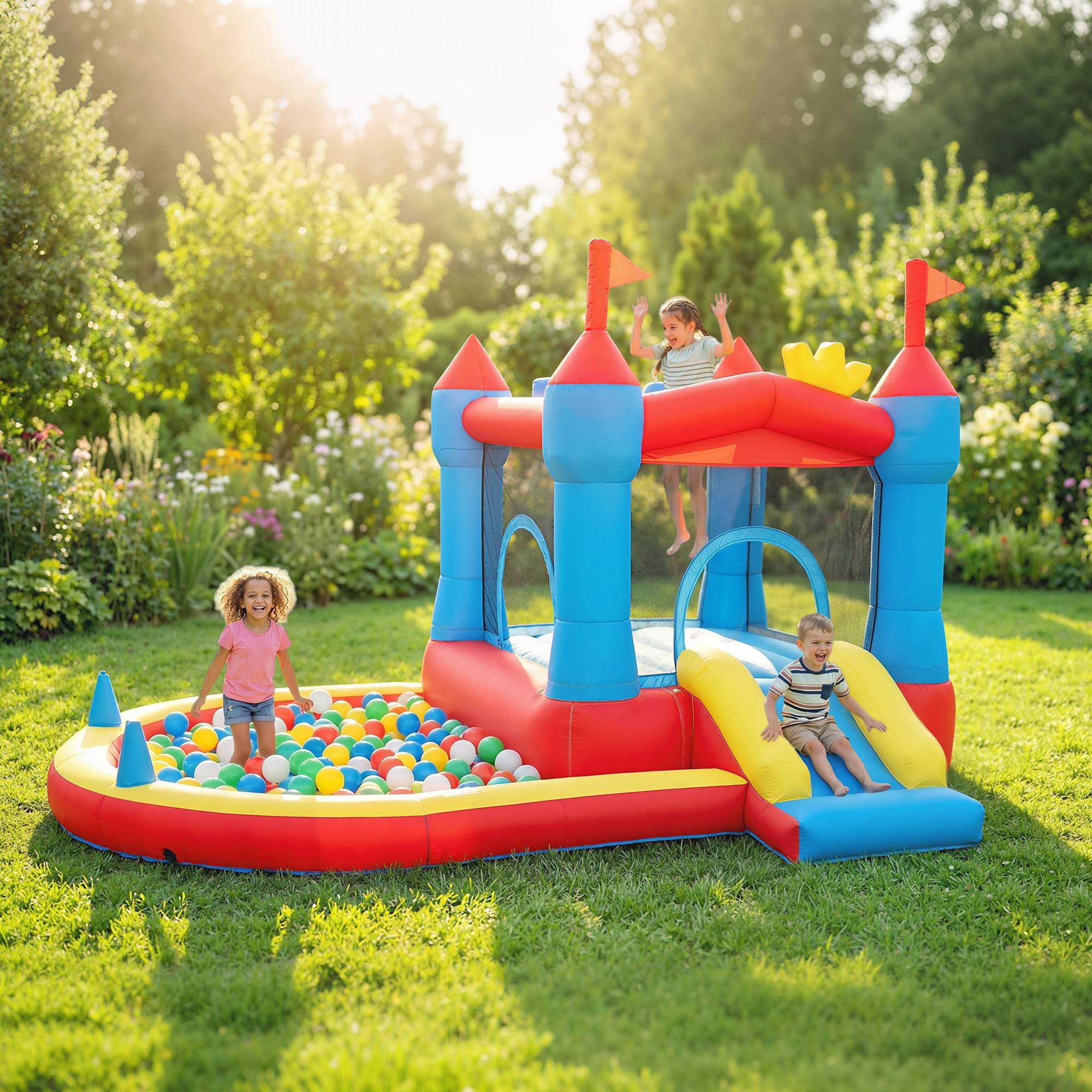 Château gonflable avec souffleur, aire de jeux gonflable avec toboggans, trampoline, piscine à balles, multicolore - Image 4