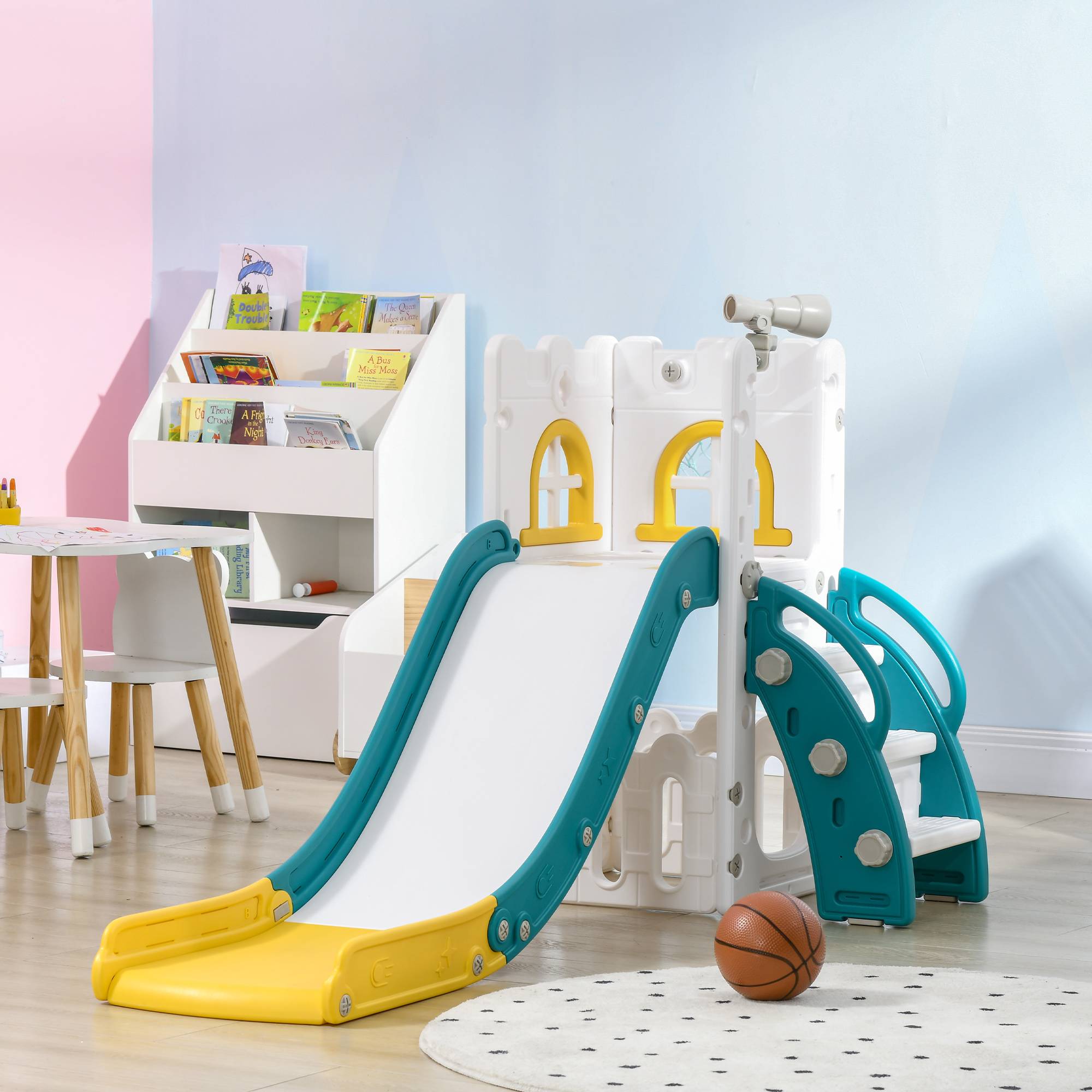 Toboggan pour enfants 5 en 1 avec panier de basket escalade télescope espace de rangement 70 x 177 x 92 cm jaune - Image 4