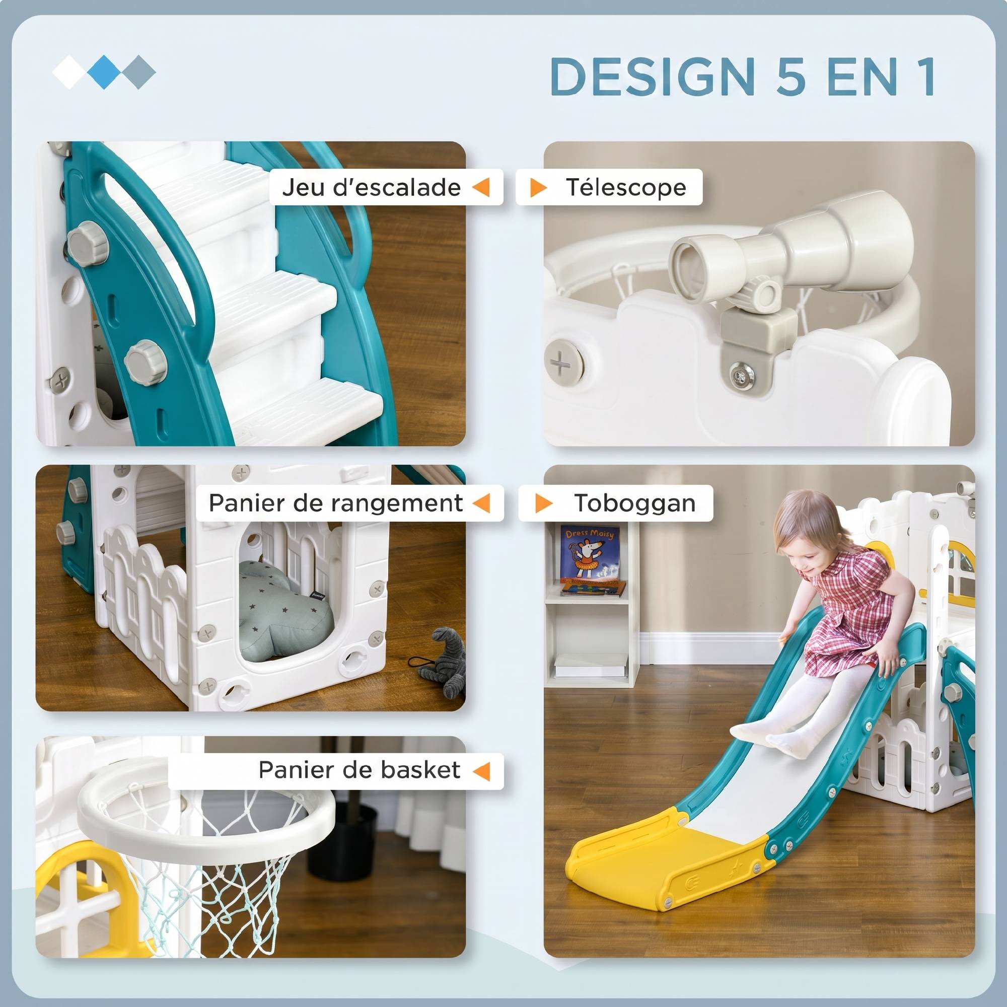 Toboggan pour enfants 5 en 1 avec panier de basket escalade télescope espace de rangement 70 x 177 x 92 cm jaune - Image 6
