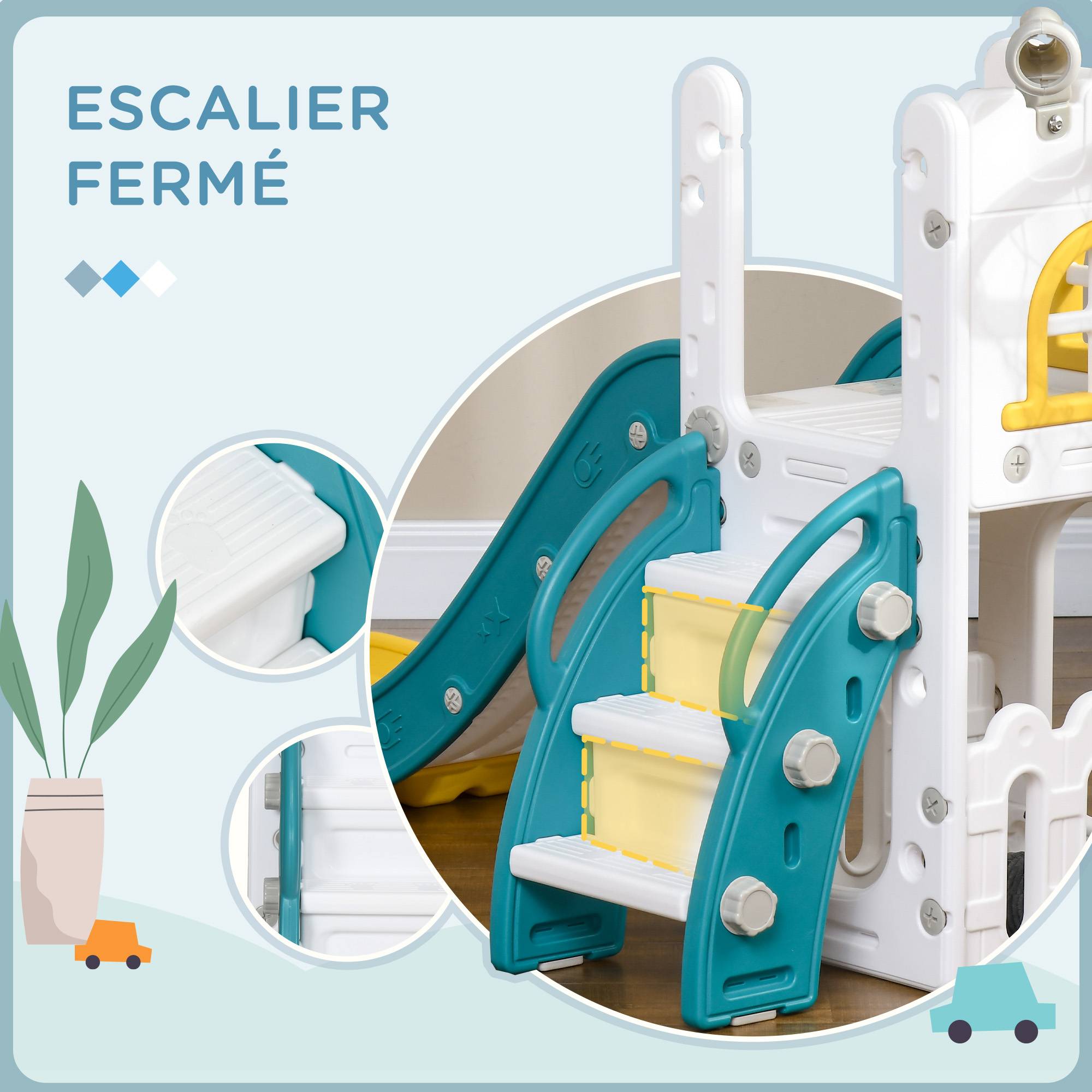 Toboggan pour enfants 5 en 1 avec panier de basket escalade télescope espace de rangement 70 x 177 x 92 cm jaune - Image 8