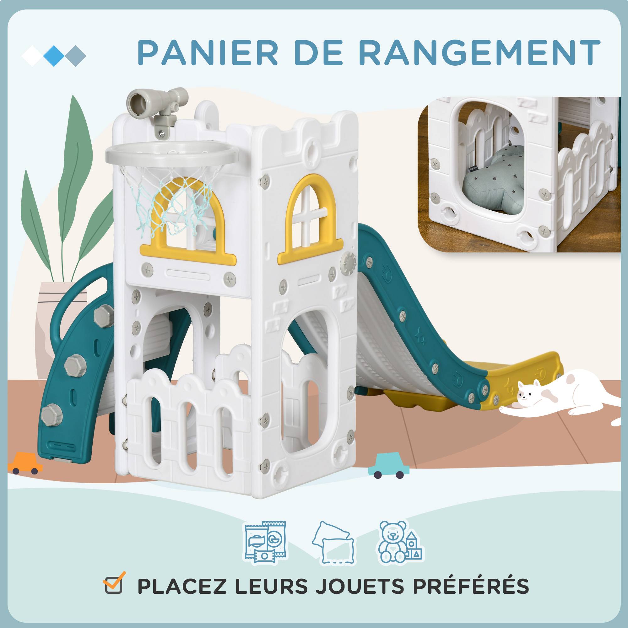 Toboggan pour enfants 5 en 1 avec panier de basket escalade télescope espace de rangement 70 x 177 x 92 cm jaune - Image 9