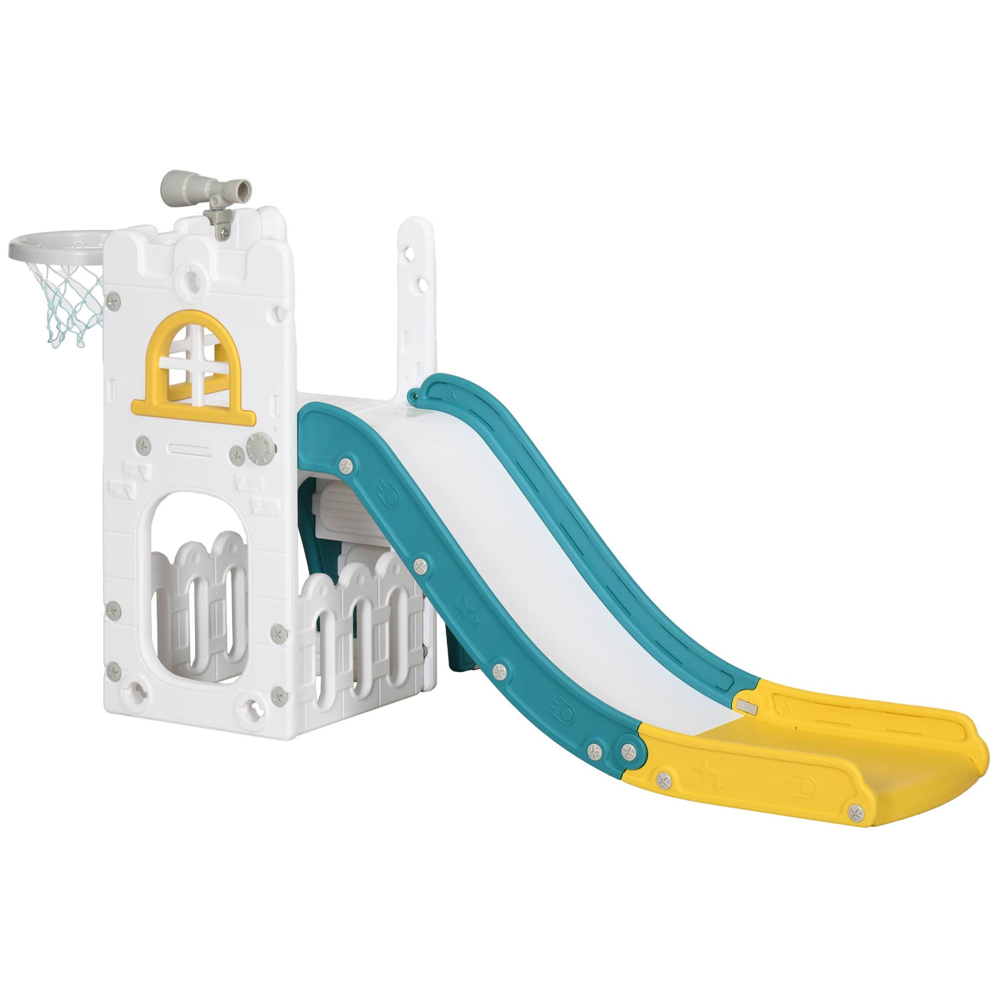 Toboggan pour enfants 5 en 1 avec panier de basket escalade télescope espace de rangement 70 x 177 x 92 cm jaune - Image 2