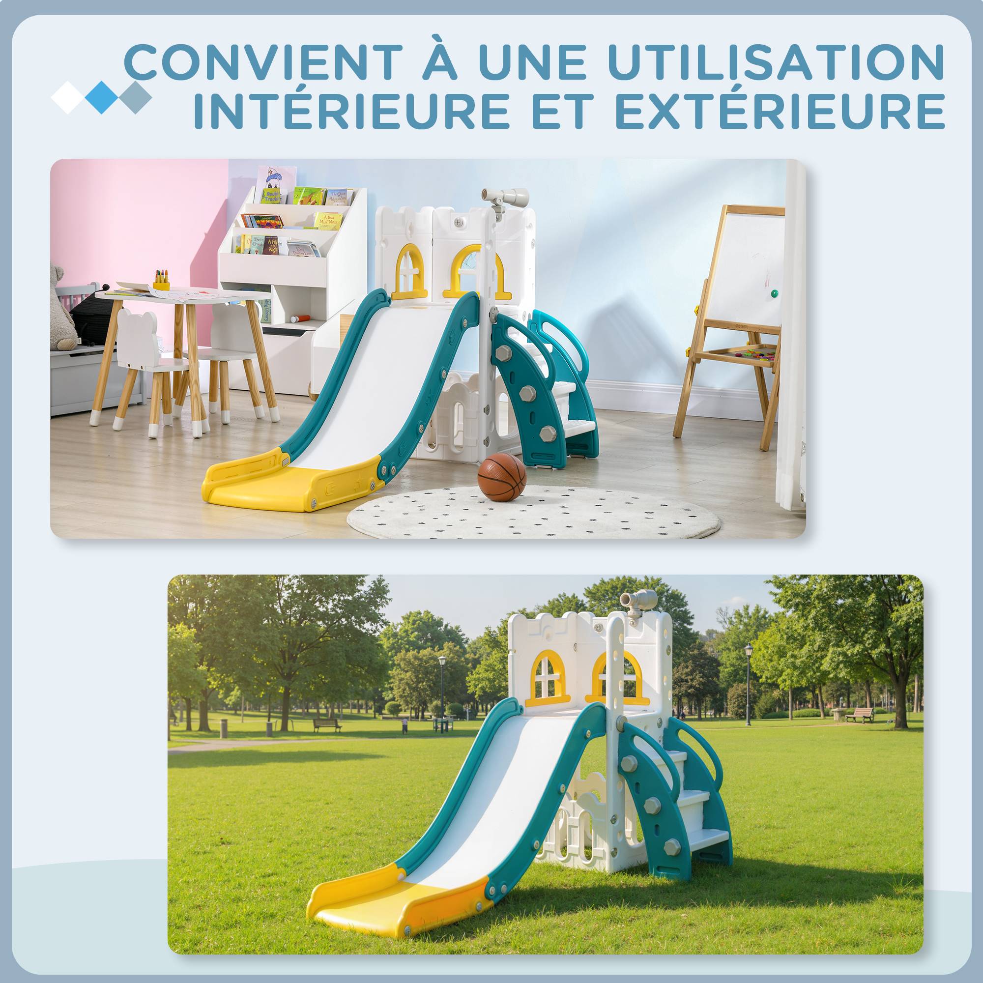 Toboggan pour enfants 5 en 1 avec panier de basket escalade télescope espace de rangement 70 x 177 x 92 cm jaune - Image 10