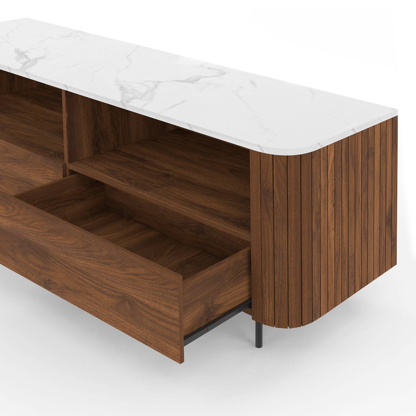 Meuble TV 140 cm MARLA noyer effet lattes 2 tiroirs et plateau marbre blanc ALASKA - Image 6
