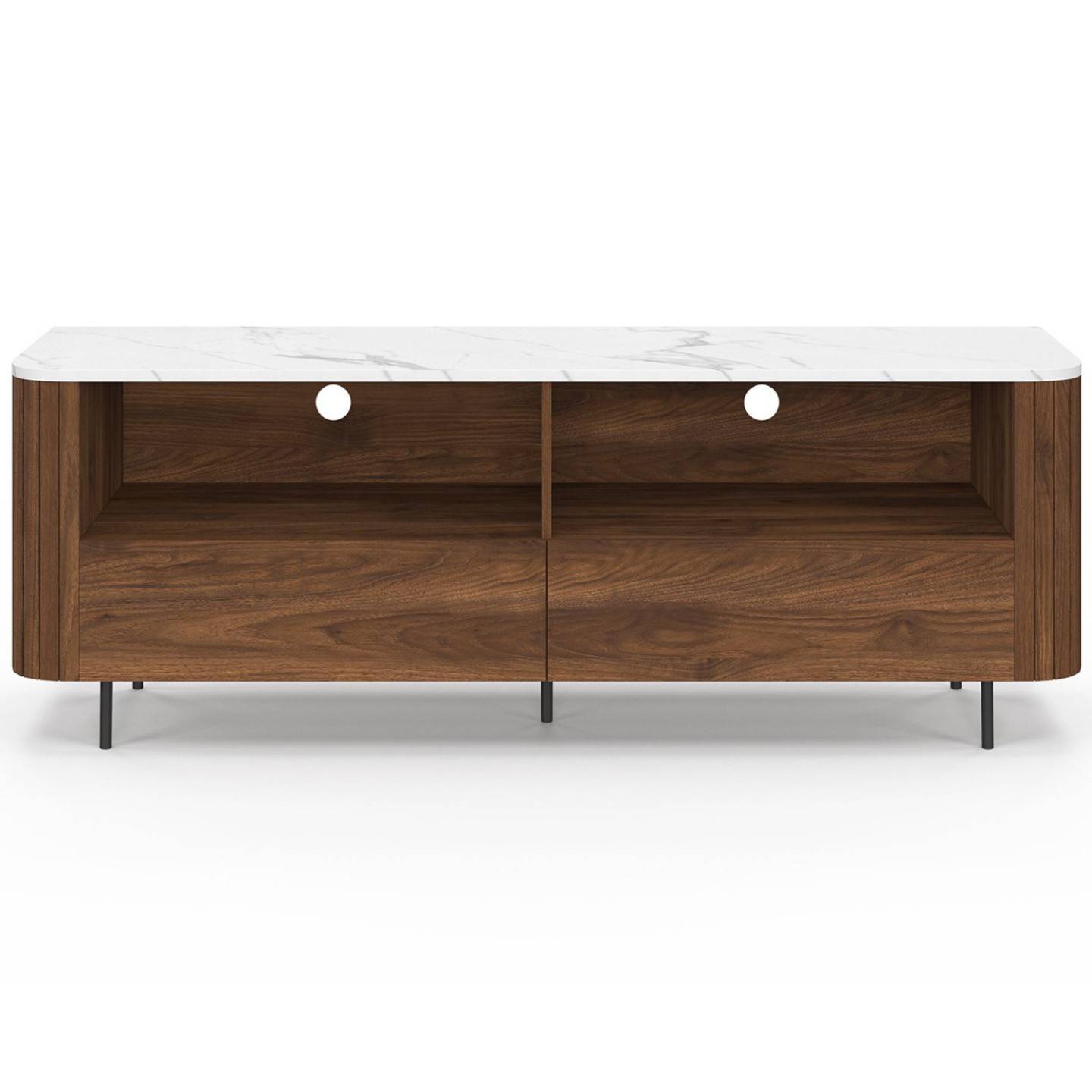 Meuble TV 140 cm MARLA noyer effet lattes 2 tiroirs et plateau marbre blanc ALASKA - Image 3
