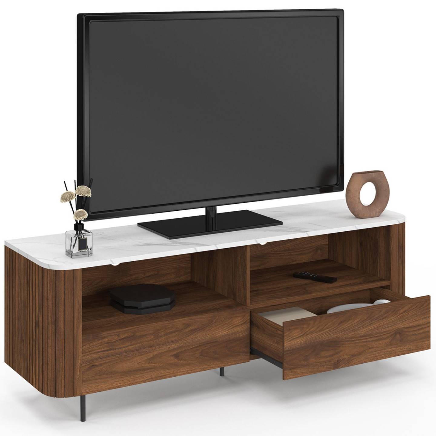 Meuble TV 140 cm MARLA noyer effet lattes 2 tiroirs et plateau marbre blanc ALASKA - Image 4