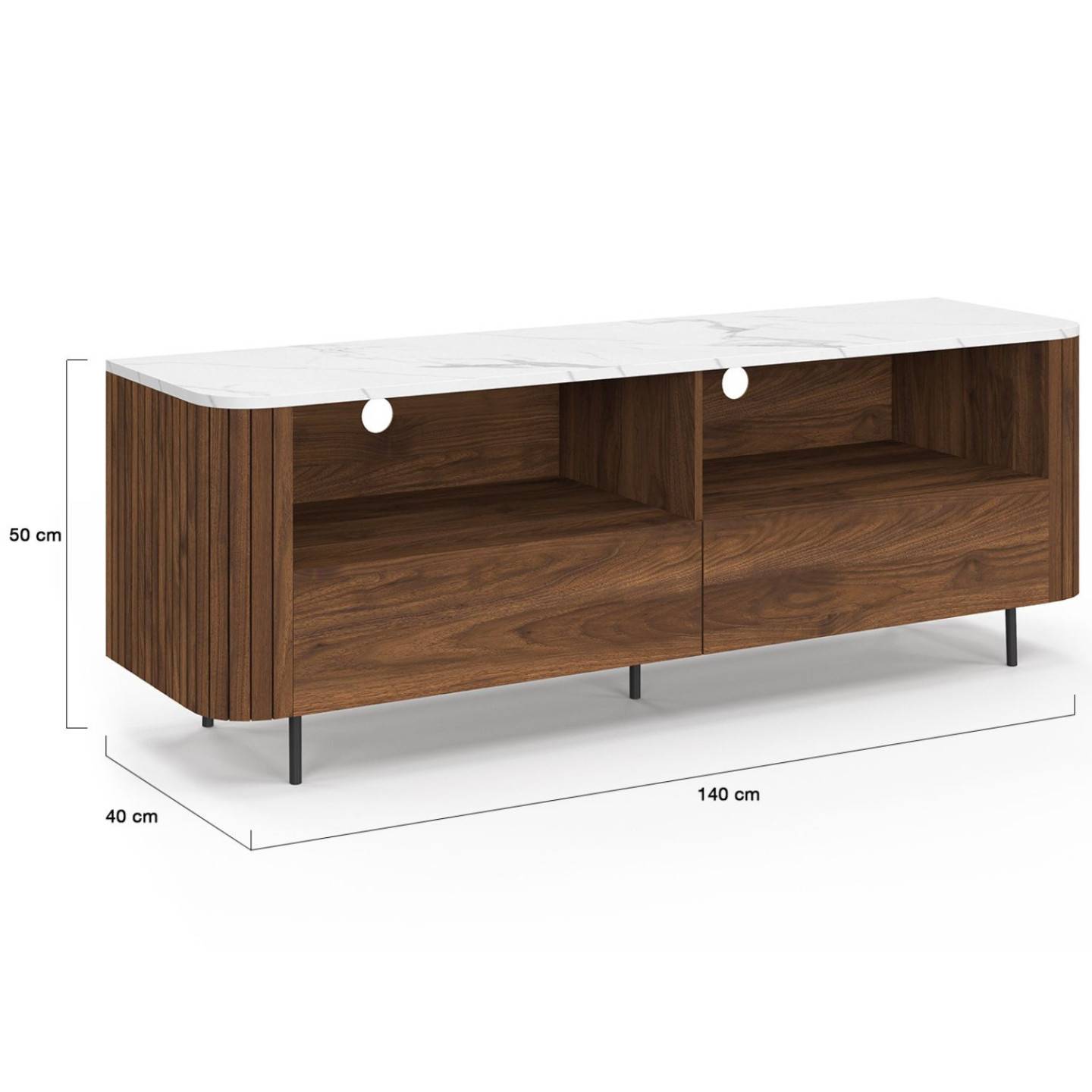 Meuble TV 140 cm MARLA noyer effet lattes 2 tiroirs et plateau marbre blanc ALASKA - Image 5