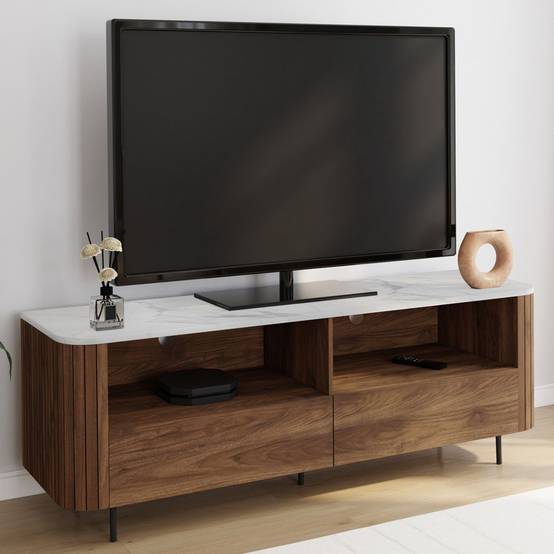 Meuble TV 140 cm MARLA noyer effet lattes 2 tiroirs et plateau marbre blanc ALASKA - Image 1