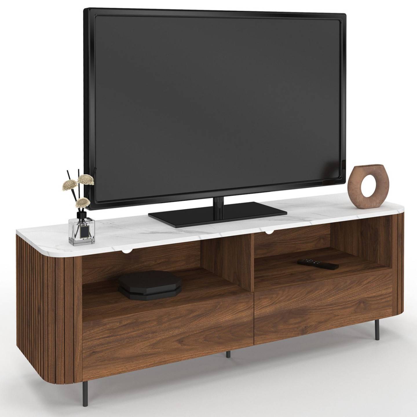 Meuble TV 140 cm MARLA noyer effet lattes 2 tiroirs et plateau marbre blanc ALASKA - Image 2