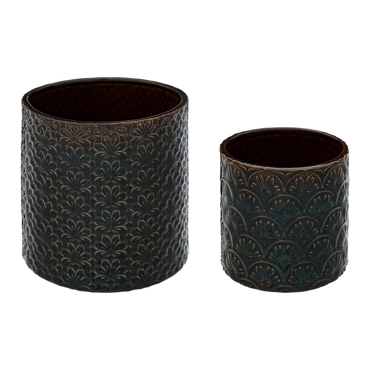 Lot de 2 Pots en Céramique émaillée Bleu et sculptéé de motifs D 18 et D 14 cm - Imagen 1