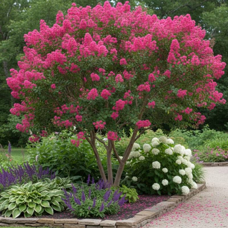 Lilas des Indes Bergerac®, Lagerstroemia à fleurs Rose/Rouge - feuillage Caduc - Pot de 15L - 1/2 tige - Image 3