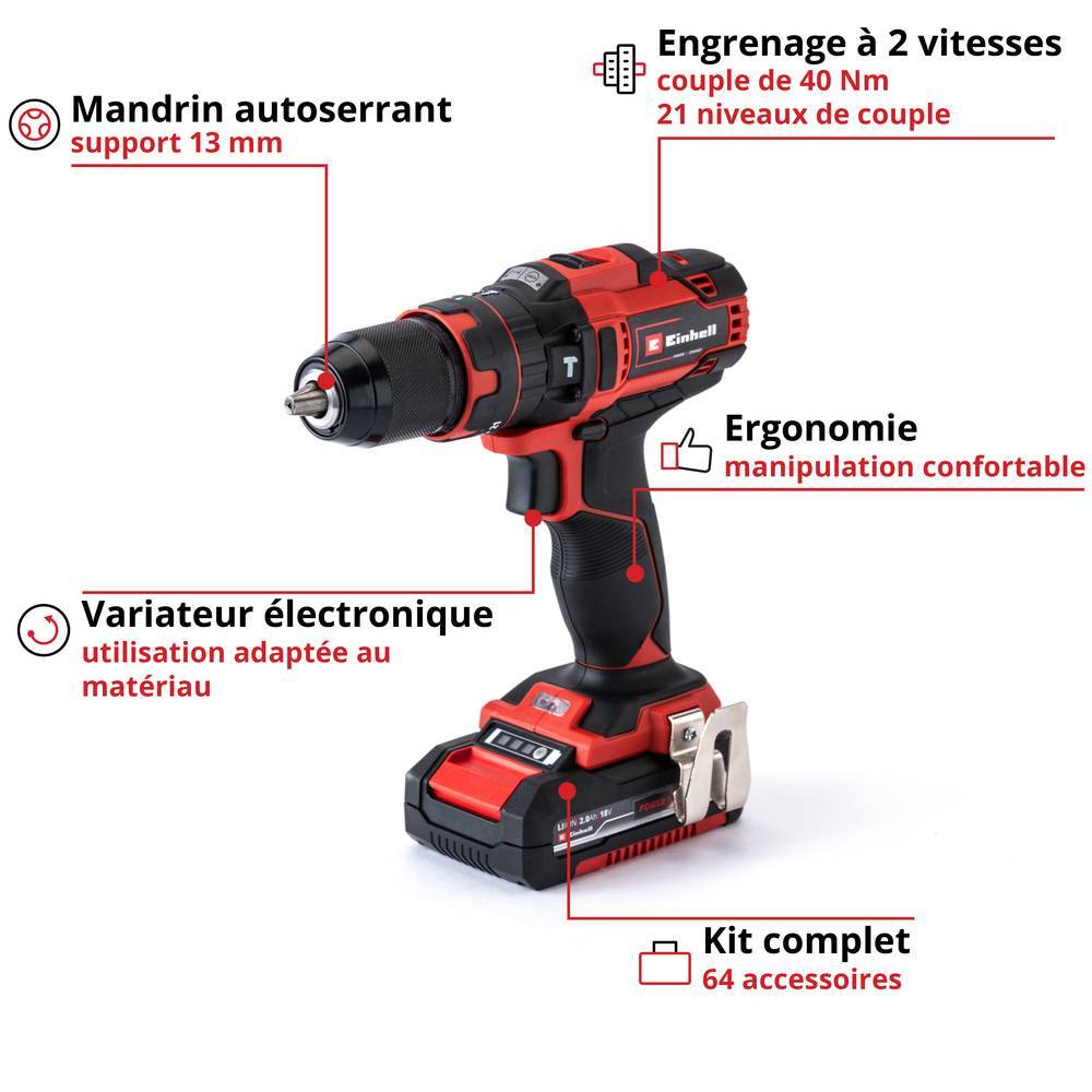 Einhell - Perceuse à percussion sans fil Power X-Change TE-CD 18/40 Li-i +64 (2x2,0Ah) Einhell - Image 2
