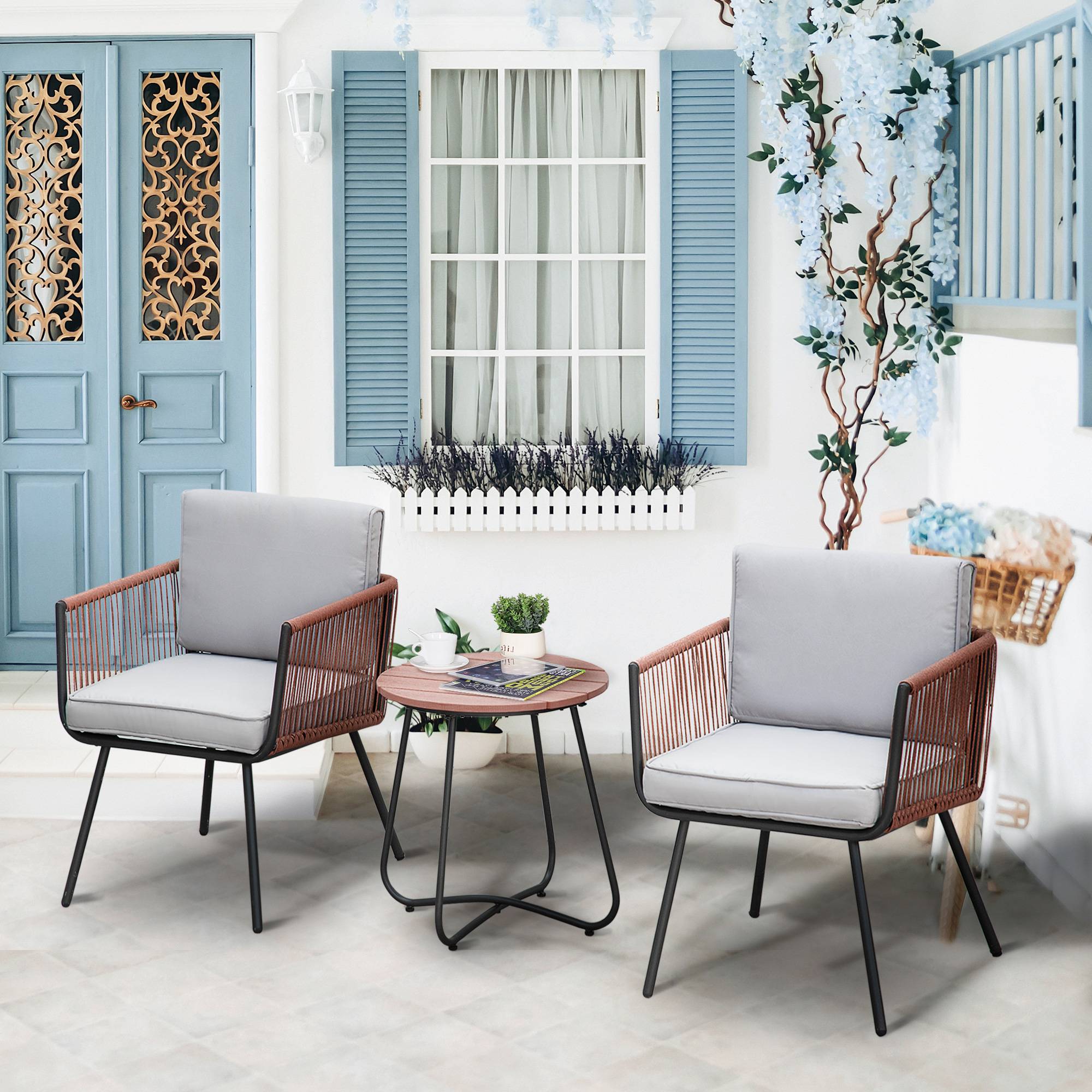 Outsunny - Ensemble bistro de jardin 2 places 3 pièces style contemporain coussins gris acier époxy noir résine filaire aspect rotin - Outsunny - Imagen 2