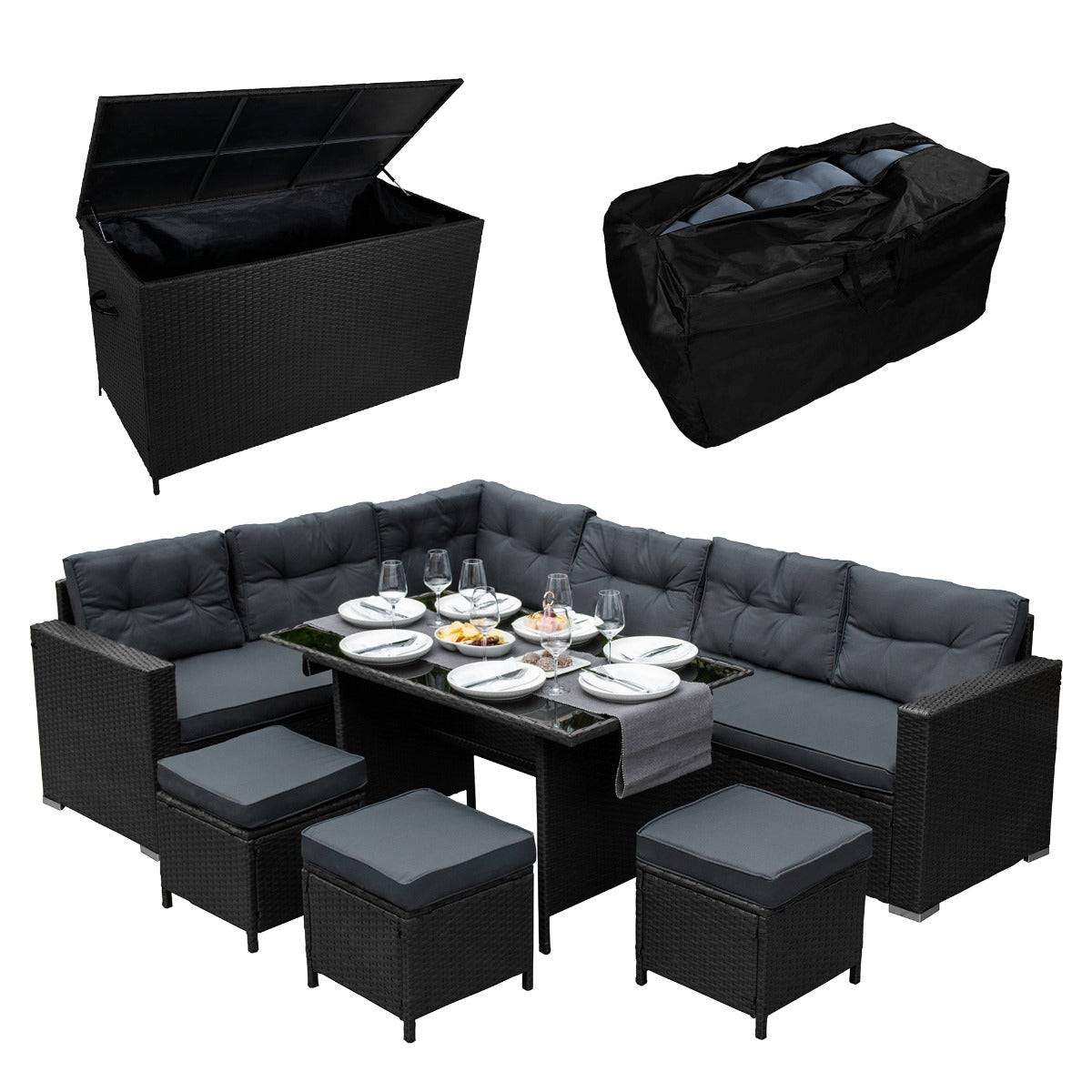 Monstershop - Salon de Jardin 9 personnes & Coffre de Rangement en Rotin – Noir - Imagen 1
